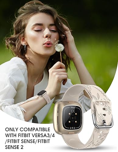 Miniatura 5 de Minyee Paquete de 2 correas grabadas florales compatibles con Fitbit Versa 4Versa 3Sense 2Sense Band para mujer, bonito diseño de girasol de diente