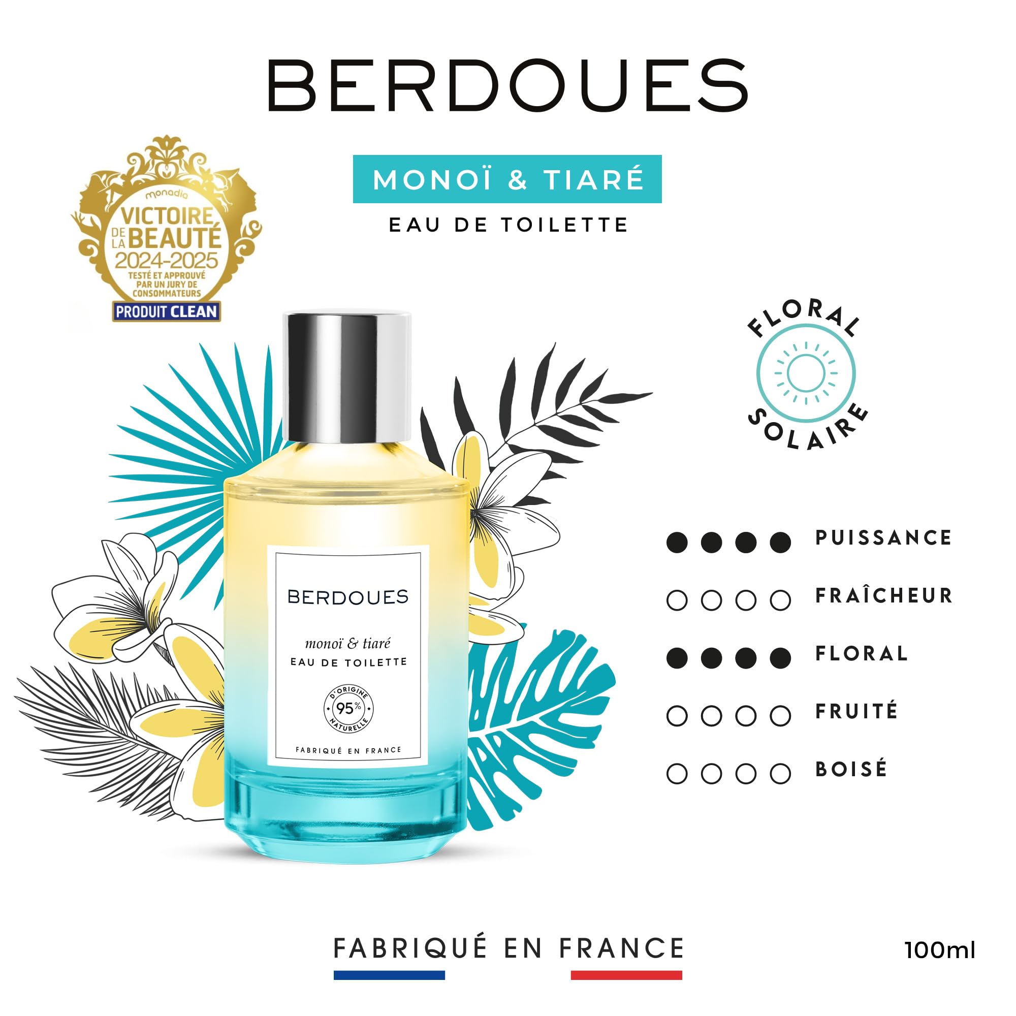 BERDOUES - Eau de Toilette Monoï & Frangipanier + Eau de toilette Monoï & Tiaré, Lot Solaire et Florale, Parfum femme, Vegan, Made in France, flacon 2x100ml