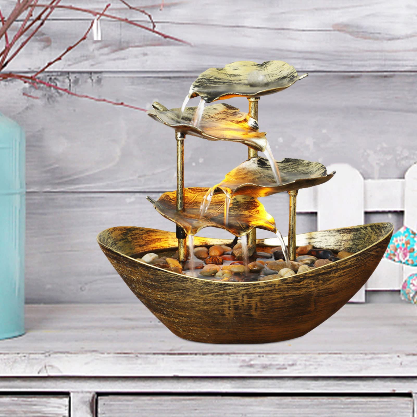 Fuente de agua de interior, Fuente de interior 28 × 15 × 25 cm | Pequeña fuente cascada en hoja de 4 niveles, bomba automática con interruptor de alimentación, pequeña fontai