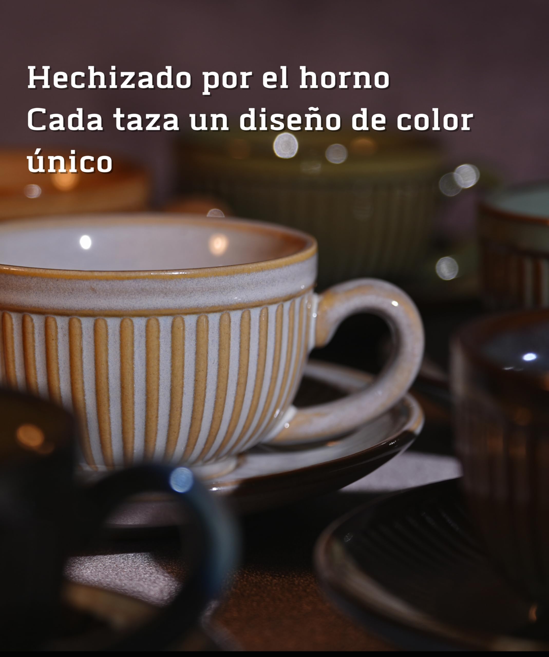 Tazas de Café Espresso con Platos - 6 x 100 ml con Asa - Estrias Antideslizantes - Cerámica Paredes Gruesas - Juego de Té - Aptas para Lavavajillas - Caja de Regalo - Blanco