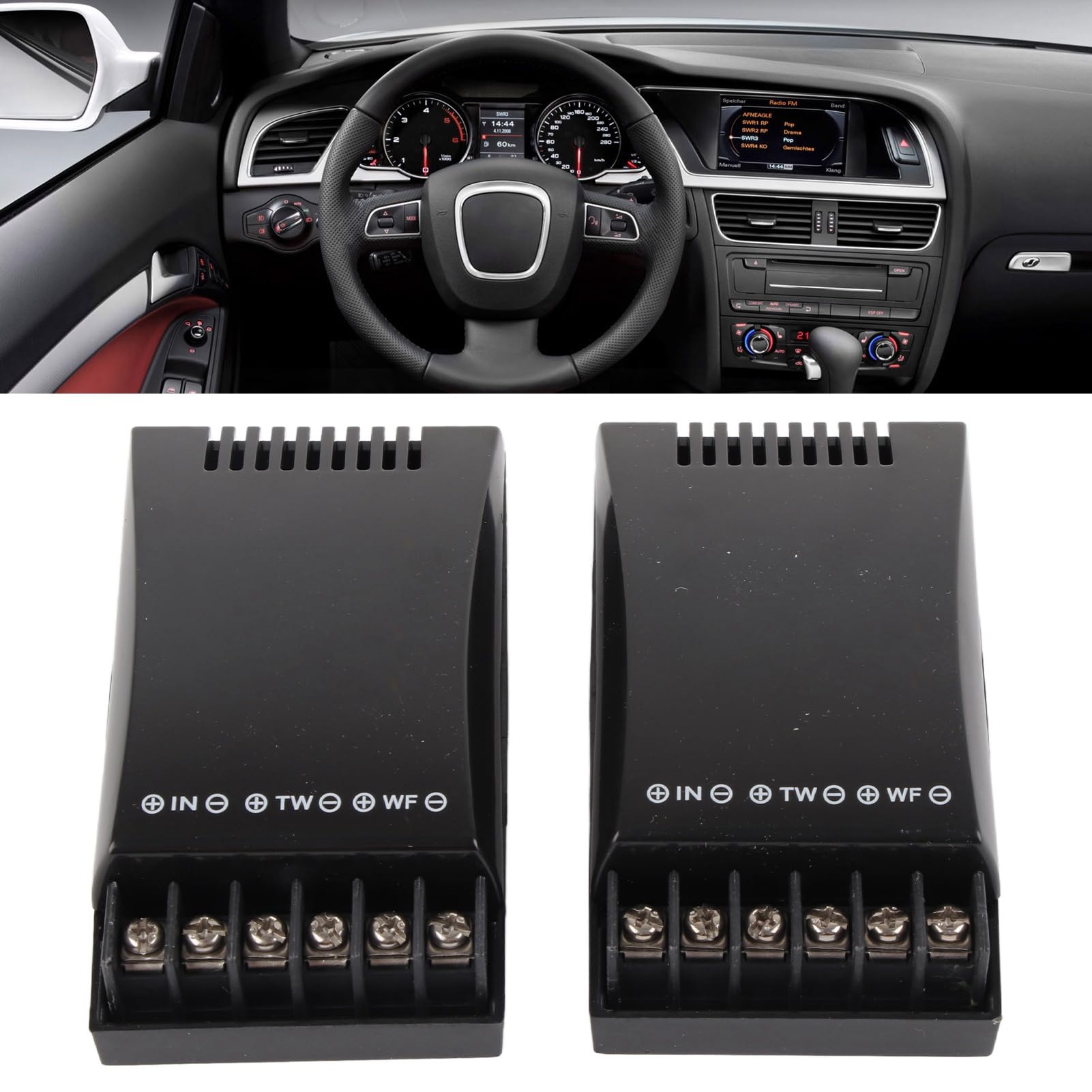 Crossover de Altavoz de Coche 2 Uds Crossover de Audio de Coche 2 Vías 100W Salida 12V Sonido Correcto ABS Shell Altavoz de Coche Cruzado para Vehículo