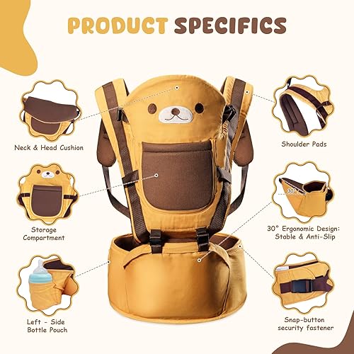 Miniatura 5 de Portabebés 6 en 1 con asiento de cadera, para bebés de 0 a 48 meses, portabebés suave para recién nacidos hasta niños pequeños (osito)