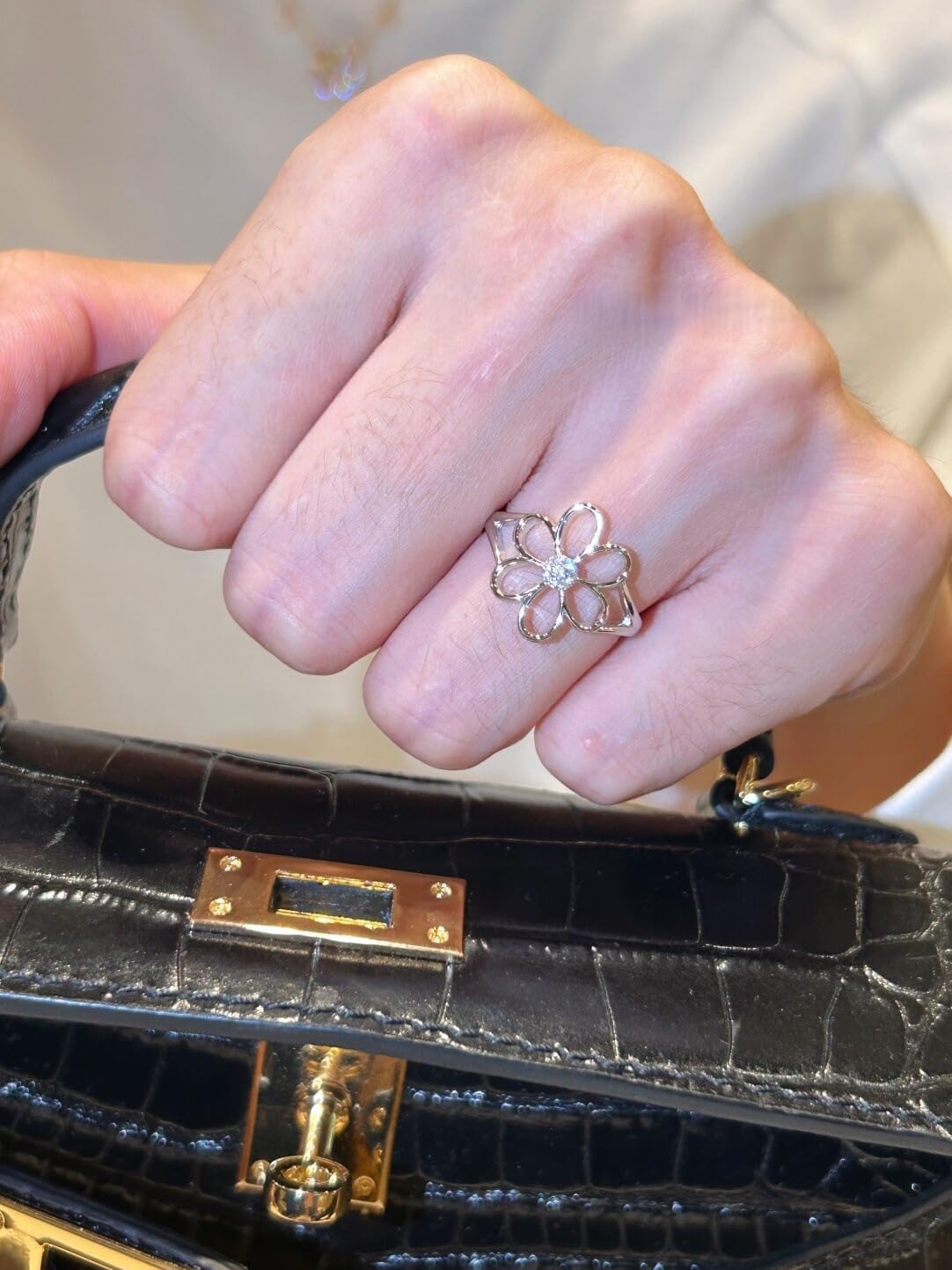 Hollow Flower Adjustable Statement Ring Cubic Zirconia Crystal Daisy Blossom Floral Stacking Open Engagement Anniversary Rings Comfort Fit Dainty Birthday Jewelry for Women Daughter Her Eternity Bands