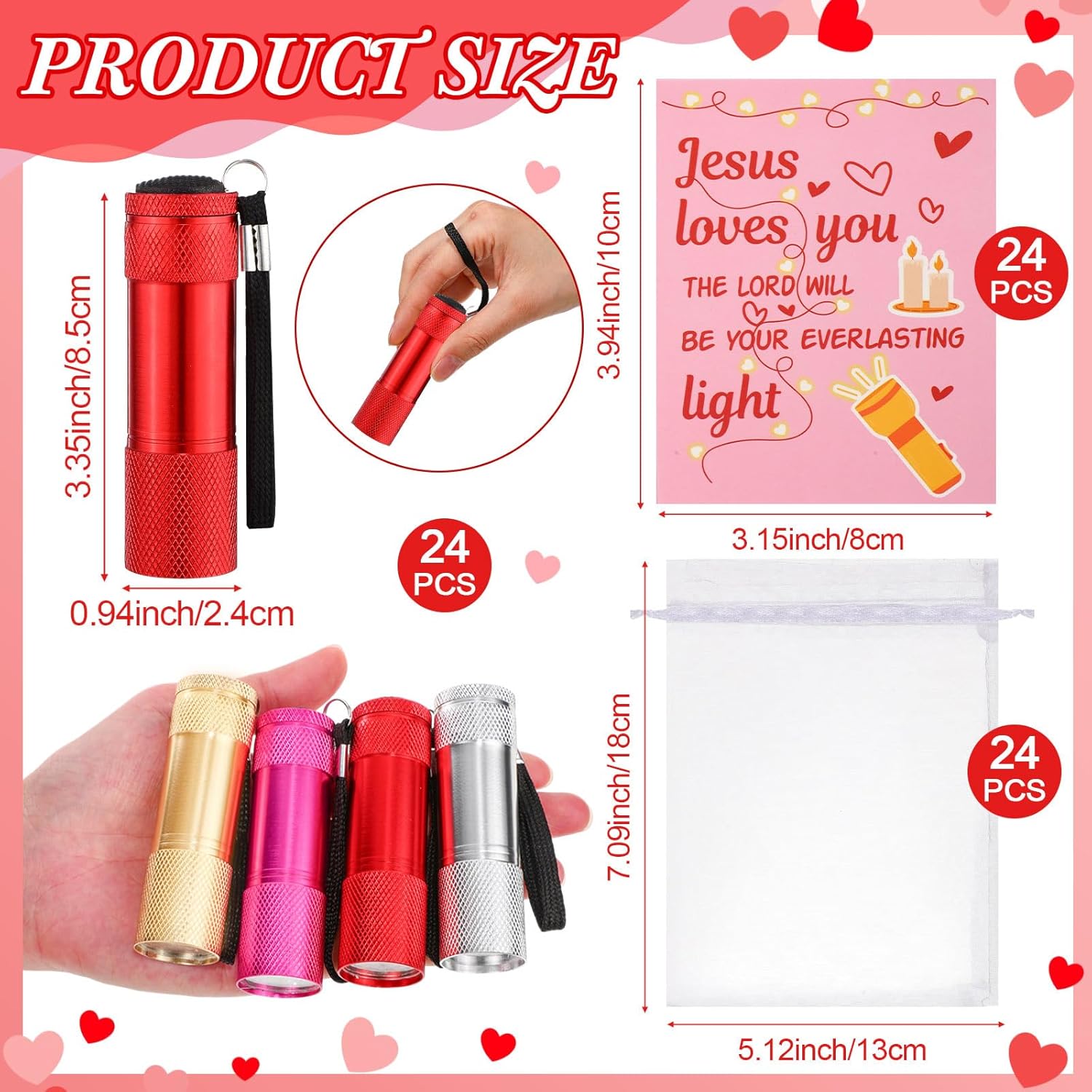 VIHOSE 24 Sets Valentine's Day Christian Gifts Mini Flashlights Bulk with Christian Bible Verse Cards Colorful Aluminum LED Handheld Torches with Lanyard for Church Gifts Party Favors Emergency
