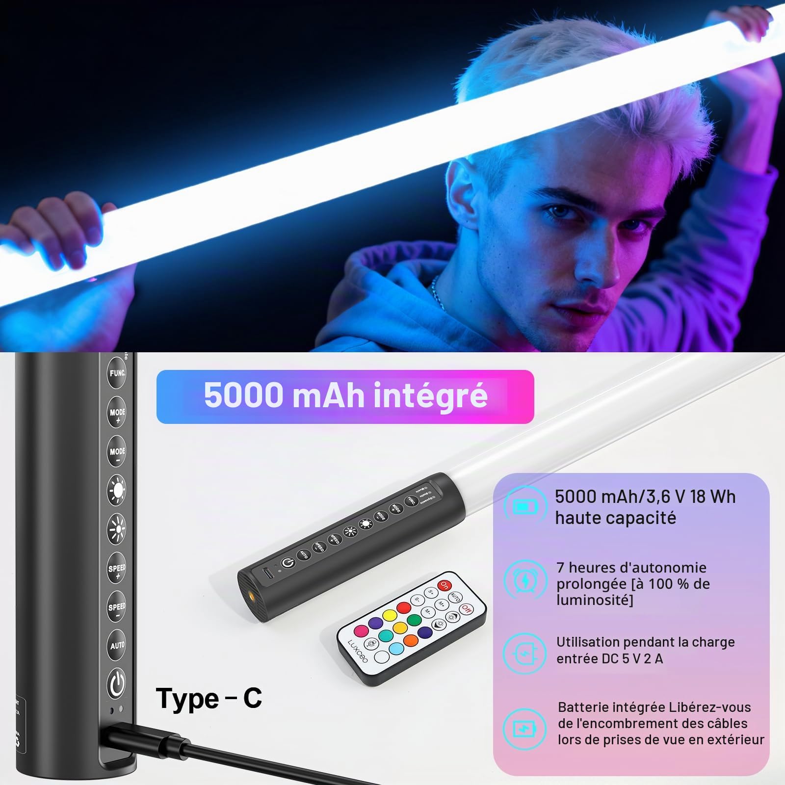 2 Lampe vidéo LED Portable, 120cm bâton Lumineux de Photographie LUXCEO Mood1Pro,2.4G intensité réglable et Mode Musique, 5000 mAh intégrée, Lampe Photo RVB pour Youtube, TikTok, Jeu en Streaming