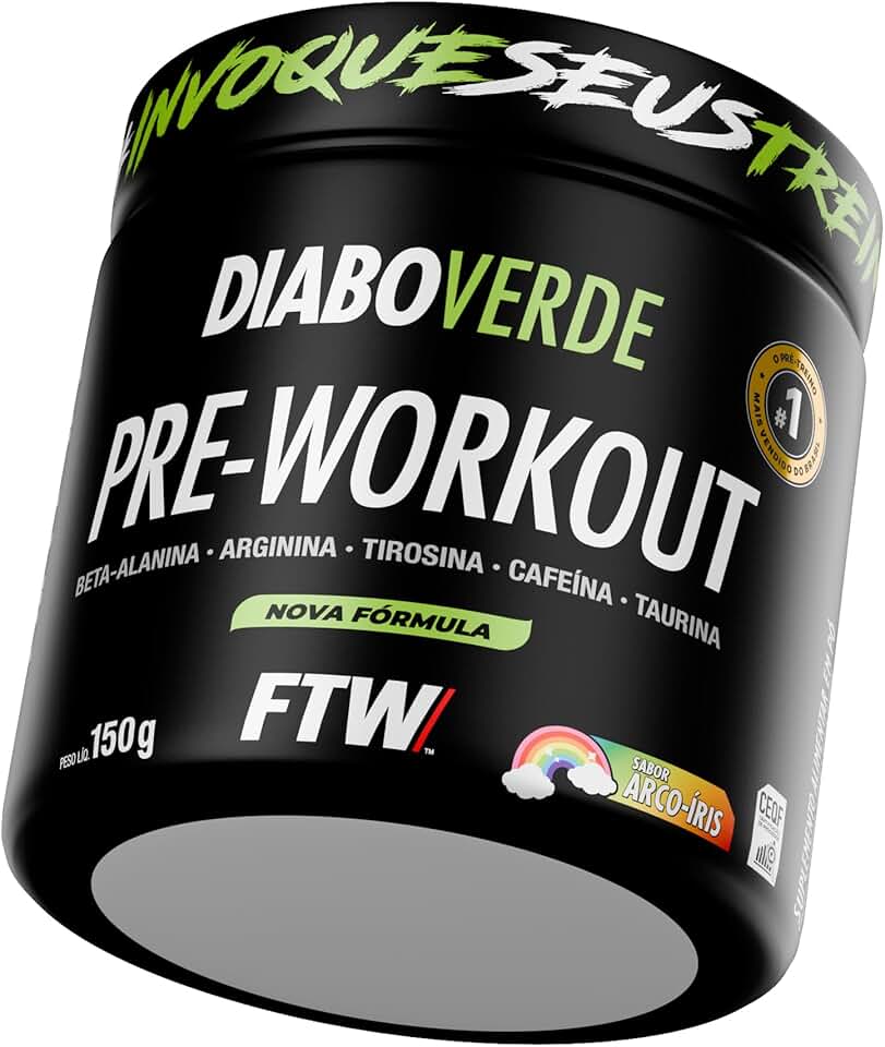 FTW Pré-Treino Diabo Verde - Energia Extrema, Força e Foco - Potência Hardcore com Cafeína, Beta-Alanina - Para Treinos Intensos - sabor: Arco Iris - Pote 150g