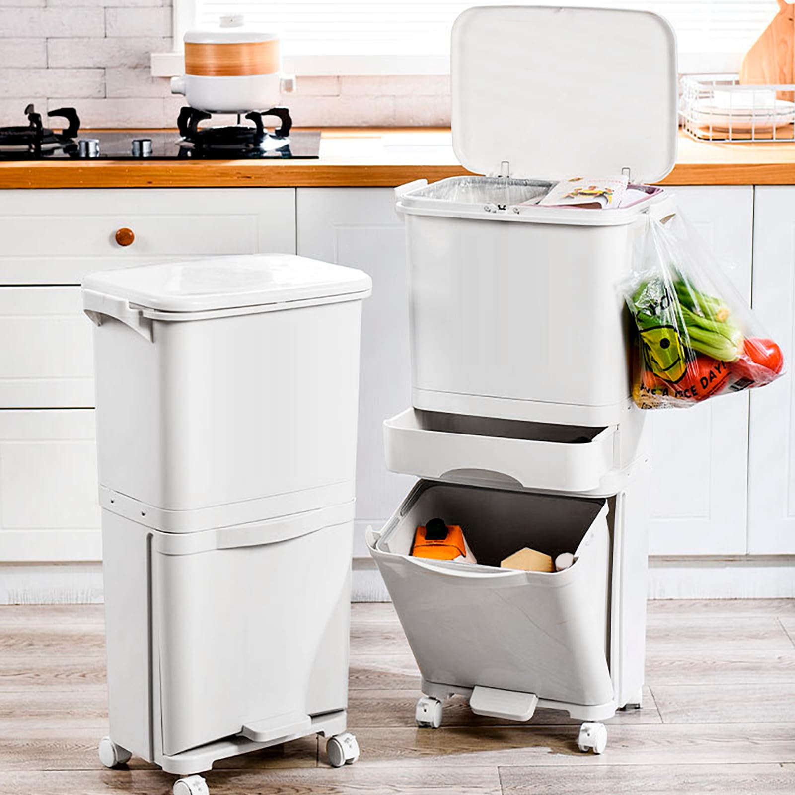 Generisch Mülleimer Küche 3 Fächer, Geruchsdichter Mülleimer Küche, 42L Extra Großer Abfalleimer Mit Rollen, Recycling Große Abfalleimer, Für Küches, Badezimmer, Büro