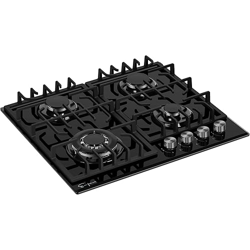 Empava 24 in. Gas Stove Cooktop with 4 Sealed Burners-Heavy Duty Continuous Grates-NG/LPG Convertible-Black Tempered Glass Surface, 24 Inch