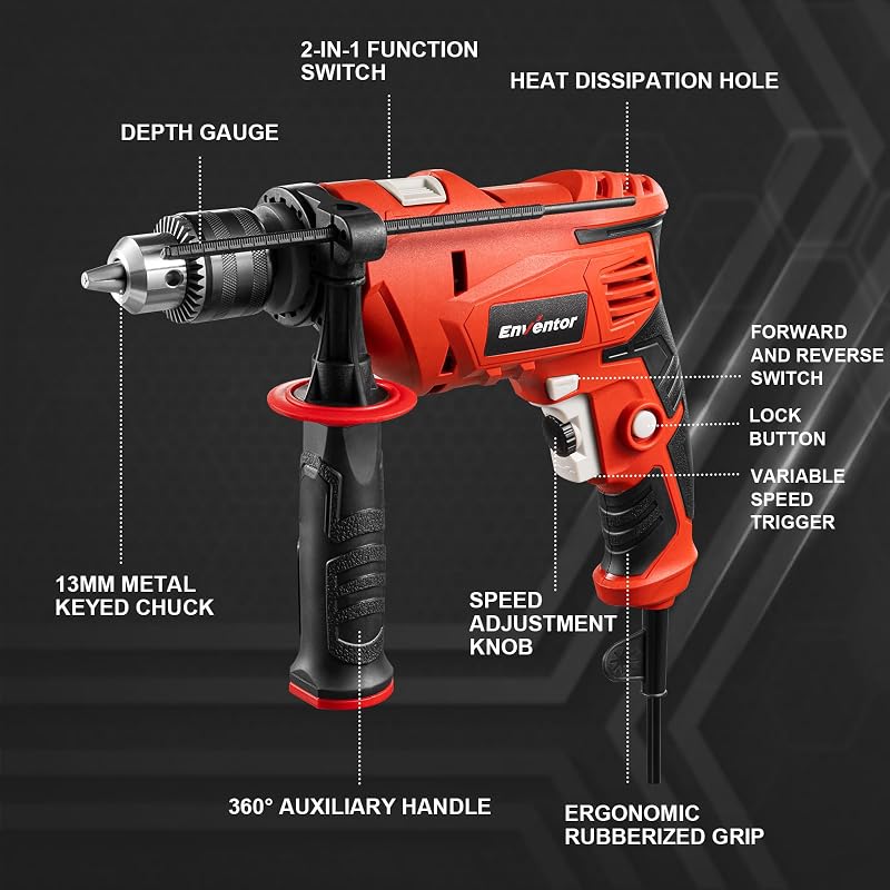 ENVENTOR 900W Ütvefúró, 2 az 1-ben Elektromos Fúró 36 Tartozékkal, 0-3000 RPM, 360° Forgatható Fogantyú, 13mm Tokmány, Betonhoz, Fémhez és F