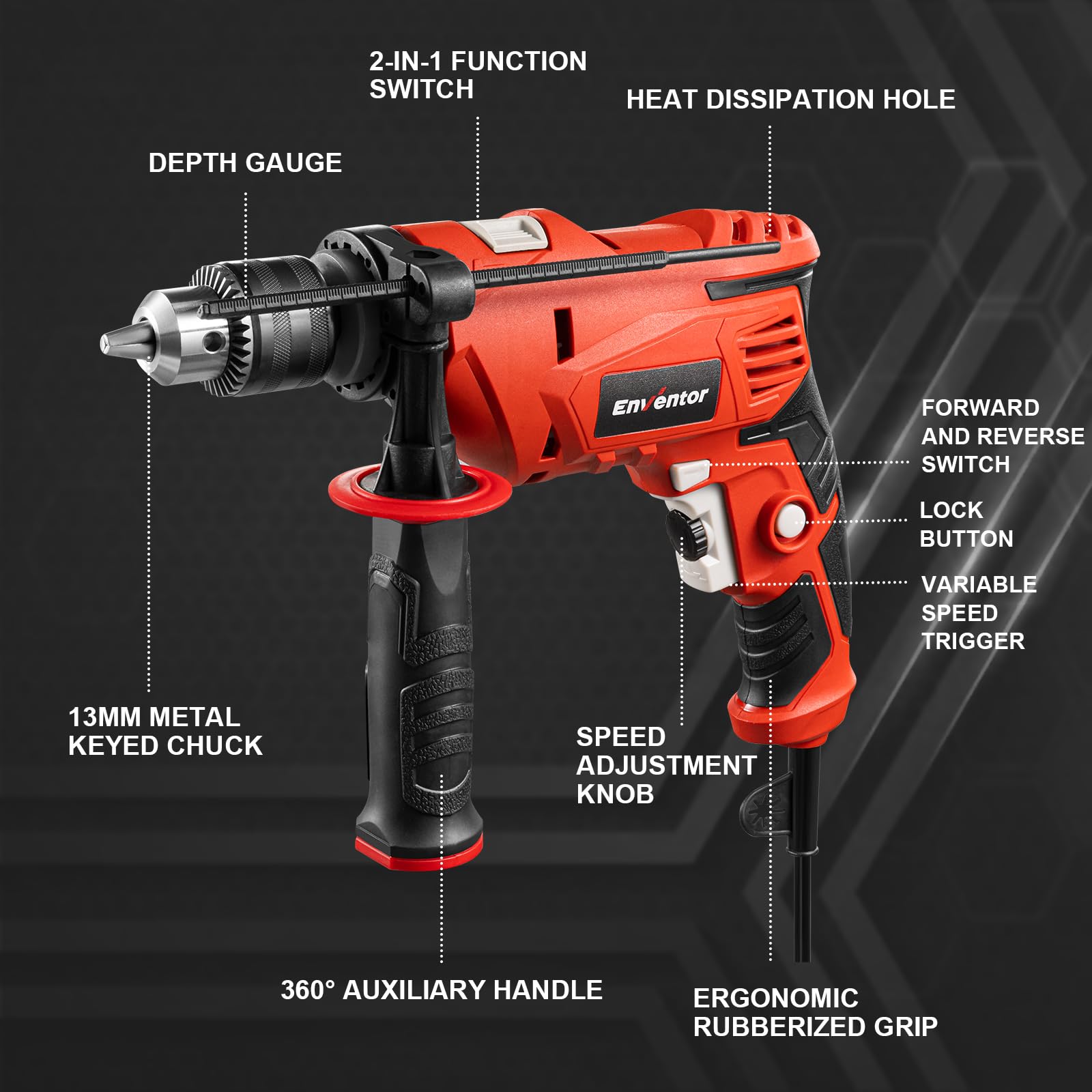 ENVENTOR Perceuse à Percussion Filaire 900W, Perceuse électrique avec 36 Accessoires, Fonction 2 en 1, 0-3000 tr/min, Poignée Rotative à 360°, mandrin de perçage 13 mm, pour Béton, Métal et Bois