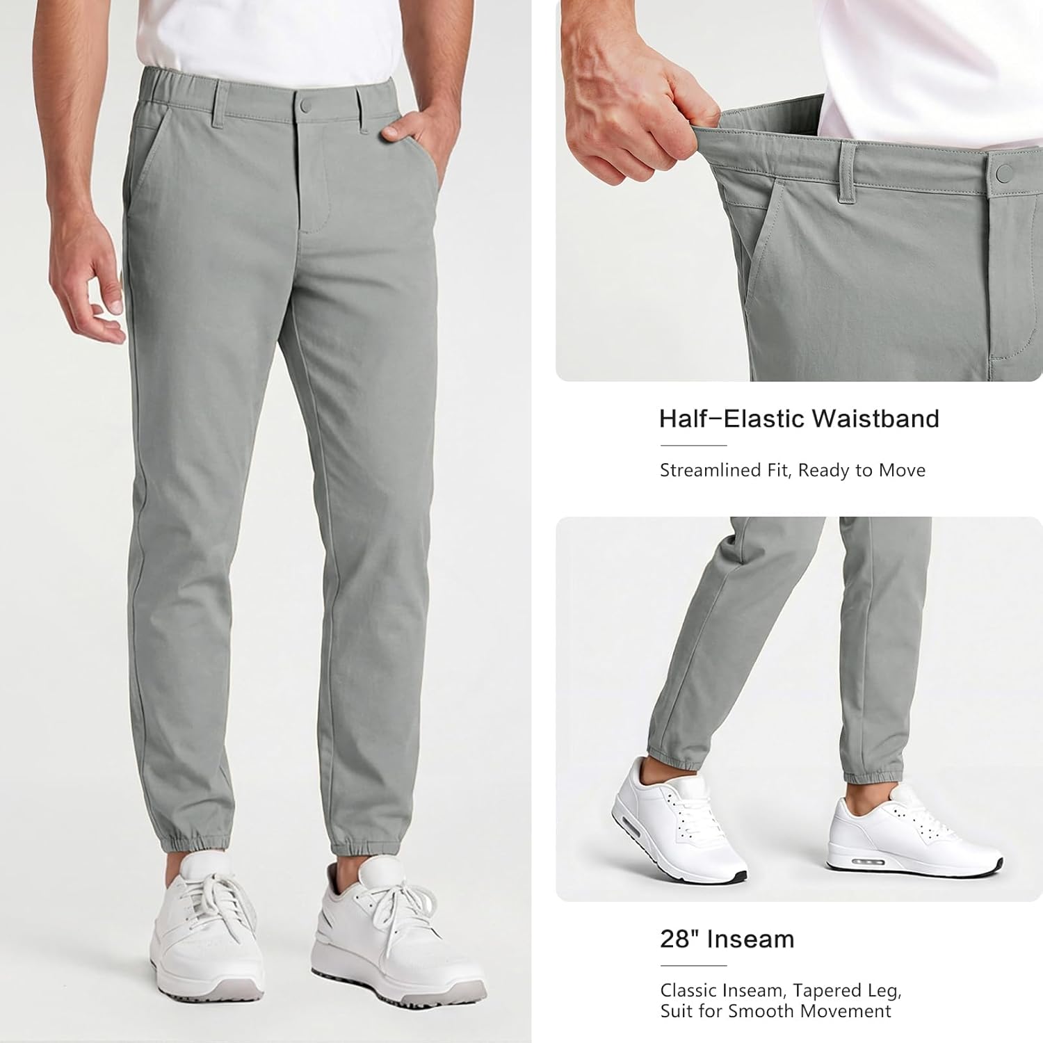 Men's 4-Way Stretch Slim Tapered Fit Golf Joggers -30" 28" 26" Inseam Nylon