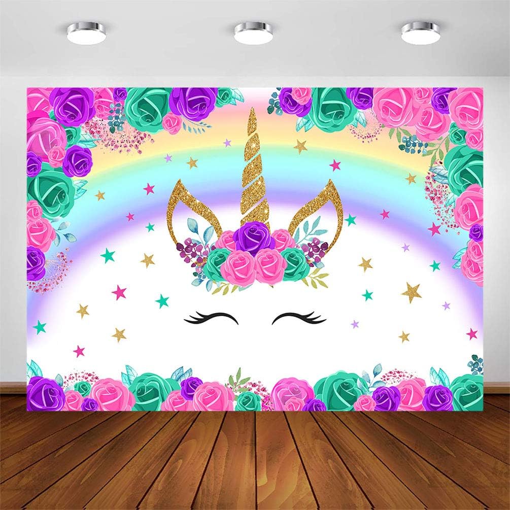 COMOPHOTO Rainbow Unicorn Backdrop for Girls Baby Shower Birthday Party Wall Decorations 7x5ft Magic Unicorn Stars Floral Photography Background Unicorn Party Dessert Table Banner Supplies
