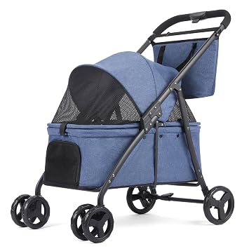 Dog Travel Stroller with 4 Heavy Duty Wheels, Lightweight Foldable Pet Stroller with Mesh Window - Large Capacity Jogger Wagon for Small Medium Dogs Outdoor Navy