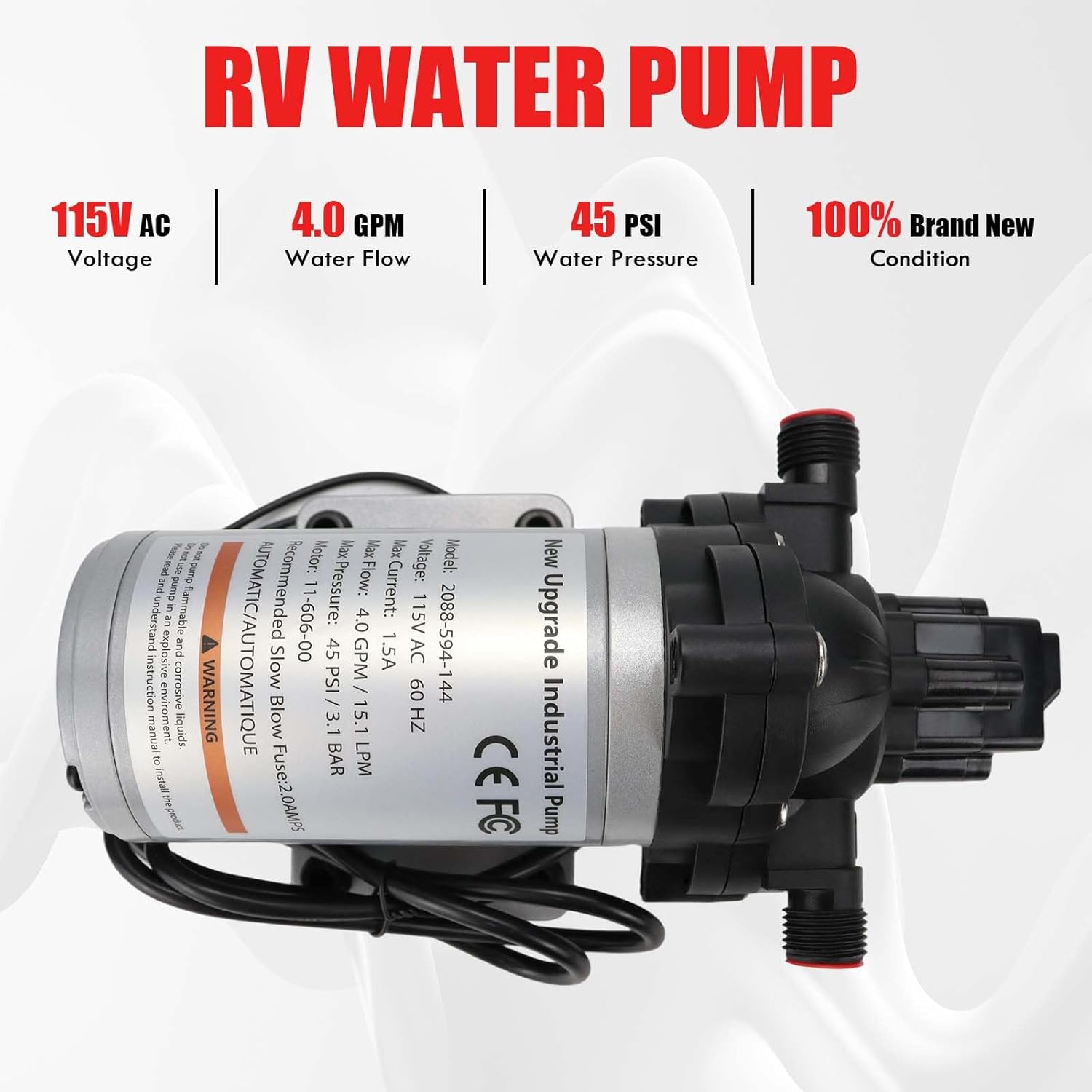 Industrial Automatic Diaphragm Water Pump 115V AC 45PSI 4.0GPM Compatible with RV Agriculture Spraying Replaces 2088-594-144