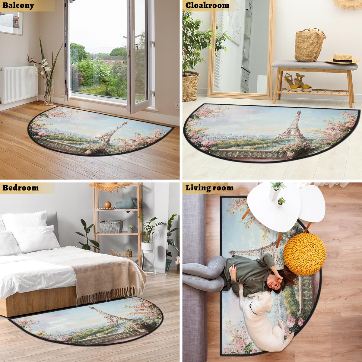 Mexpekil Paillasson demi-lune pour intérieur et extérieur - Motif paysage parisien - Antidérapant - Lavable - Absorbant la saleté - Demi-rond - 100 x 160 cm