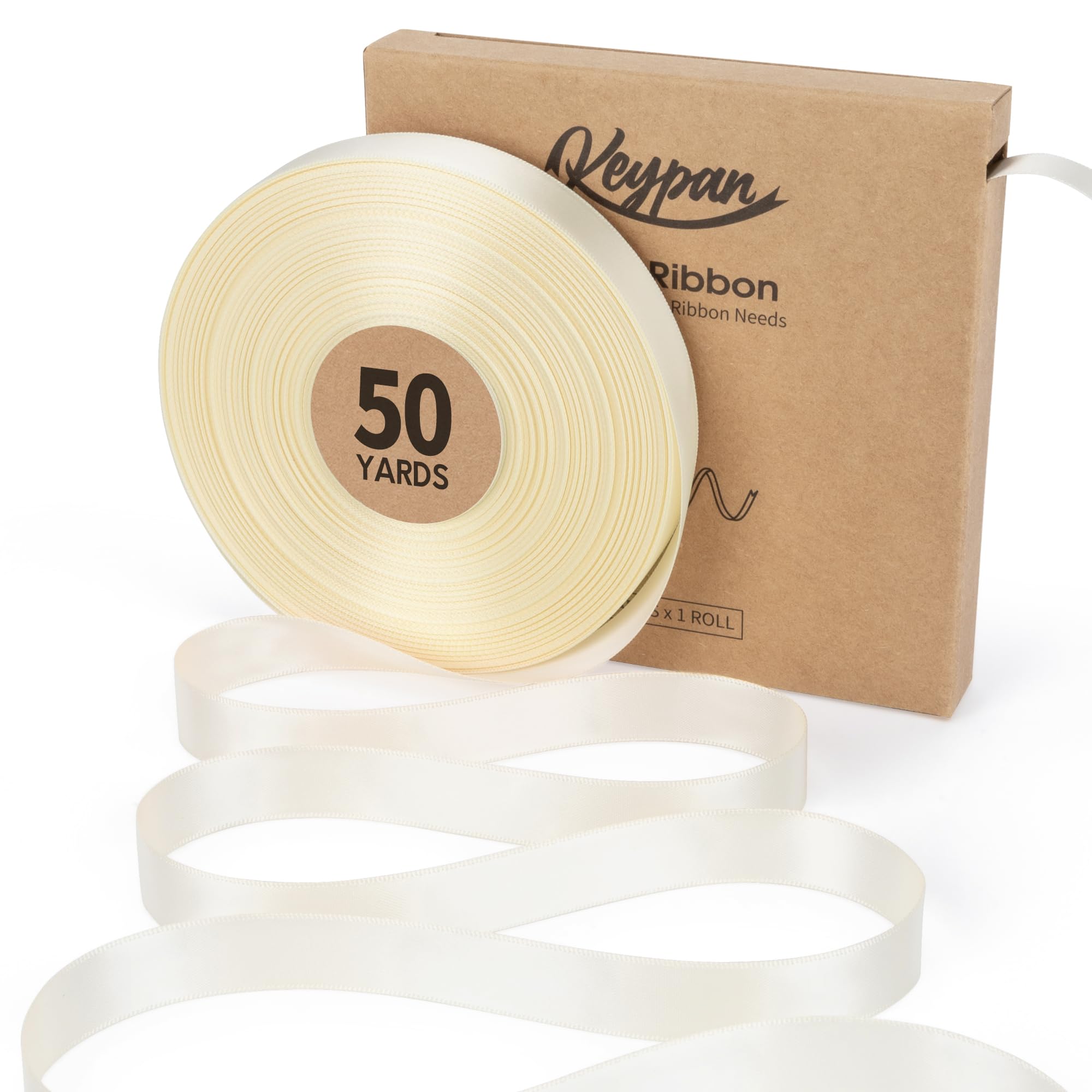 Keypan Ivory Satin Ribbon 16MM x45.72M Double-Faced Thin Cream Ribbons for Christmas Gift Wrapping Bows Crafts Floral Bouquet Hair Wedding Invitations