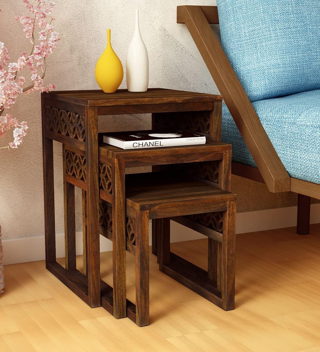 AMD ARTS Sheesham Wood Carving Nesting Tables Set of 3 Stools for Living Room Home Wooden Nightstand End Table Stand for Bedroom Hotels (Walnut Finish 1, Set of 3)-image-4