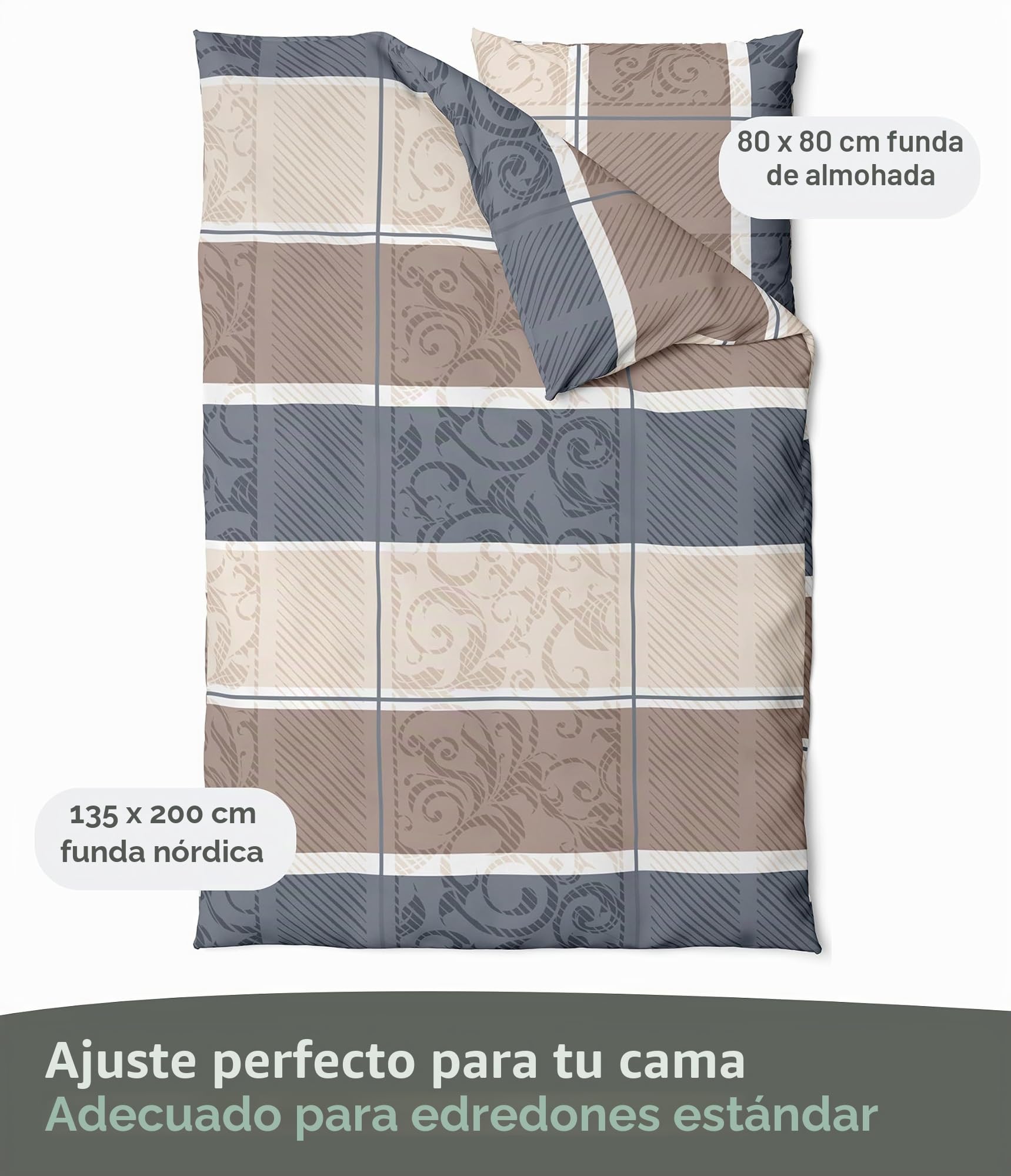 LINKHOFF Ropa de cama de franela de 135 x 200 cm, 2 piezas, color beige topo, 100 % algodón, funda de almohada de 80 x 80 cm + funda nórdica de 135 x 200 cm