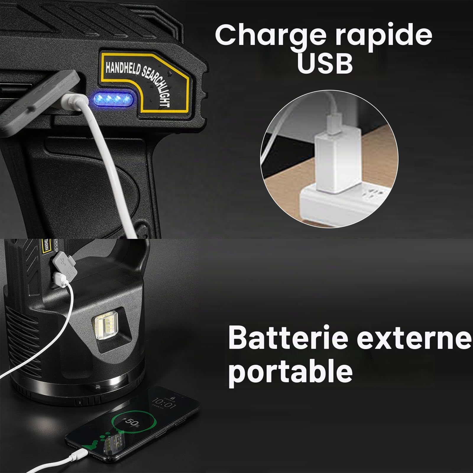 Projecteur LED Torche Rechargeable - 1500 Lumens Super Lumineux, 6 Modes, IPX7 Étanche, 4500mAh 25H, Lumière COB, Trépied Réglable pour Extérieur, Sécurité, Urgence