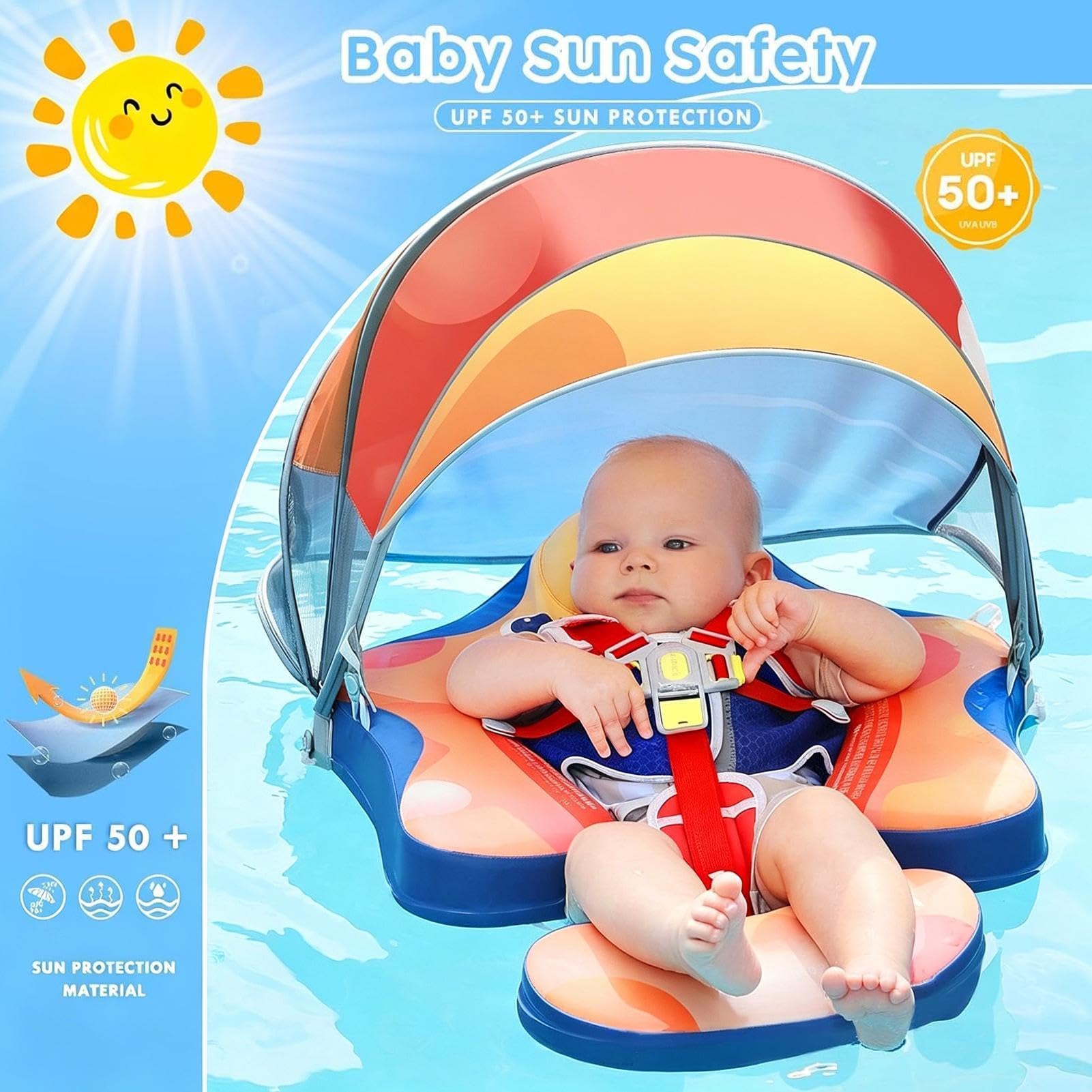 Salvagente per piscina per bambini, UPF50+, protezione solare con tettuccio parasole
