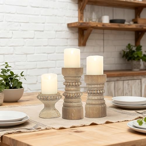 Miniatura 8 de MODE HOME Juego de 3 portavelas de madera rústica, portavelas de pilar de madera con cuentas de granja, portavelas para velas de pilar y