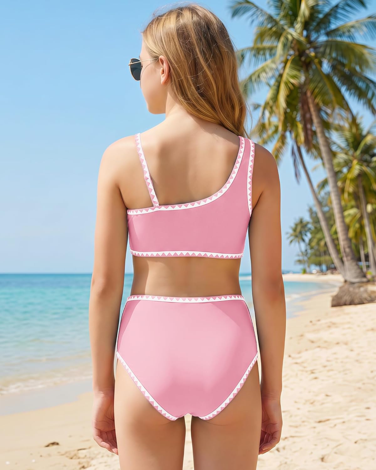 Girls Swimsuit 2 Piece Bikini Set Contrast Trim Bathing Suit Padded Solid Color Swimwear with Adjustable Strap 7-16Y