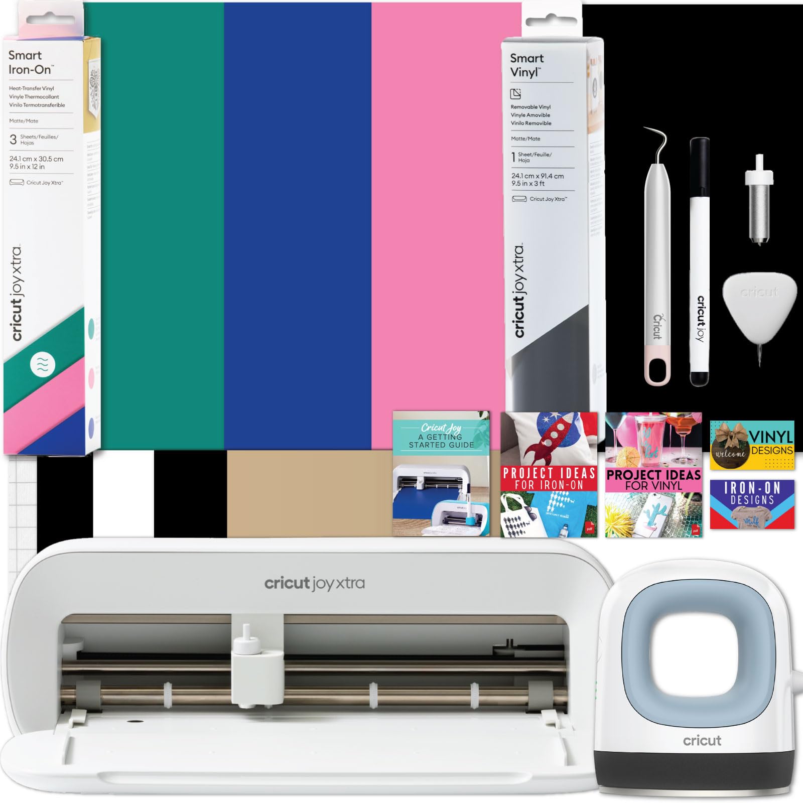 Cricut Joy Xtra Machine with EasyPress Mini and Iron-On Materials Bundle - Beginner Cutting Machine and Heat Press Iron Combo Kit with Supplies, HTV for DIY Shirts and Tote Bags