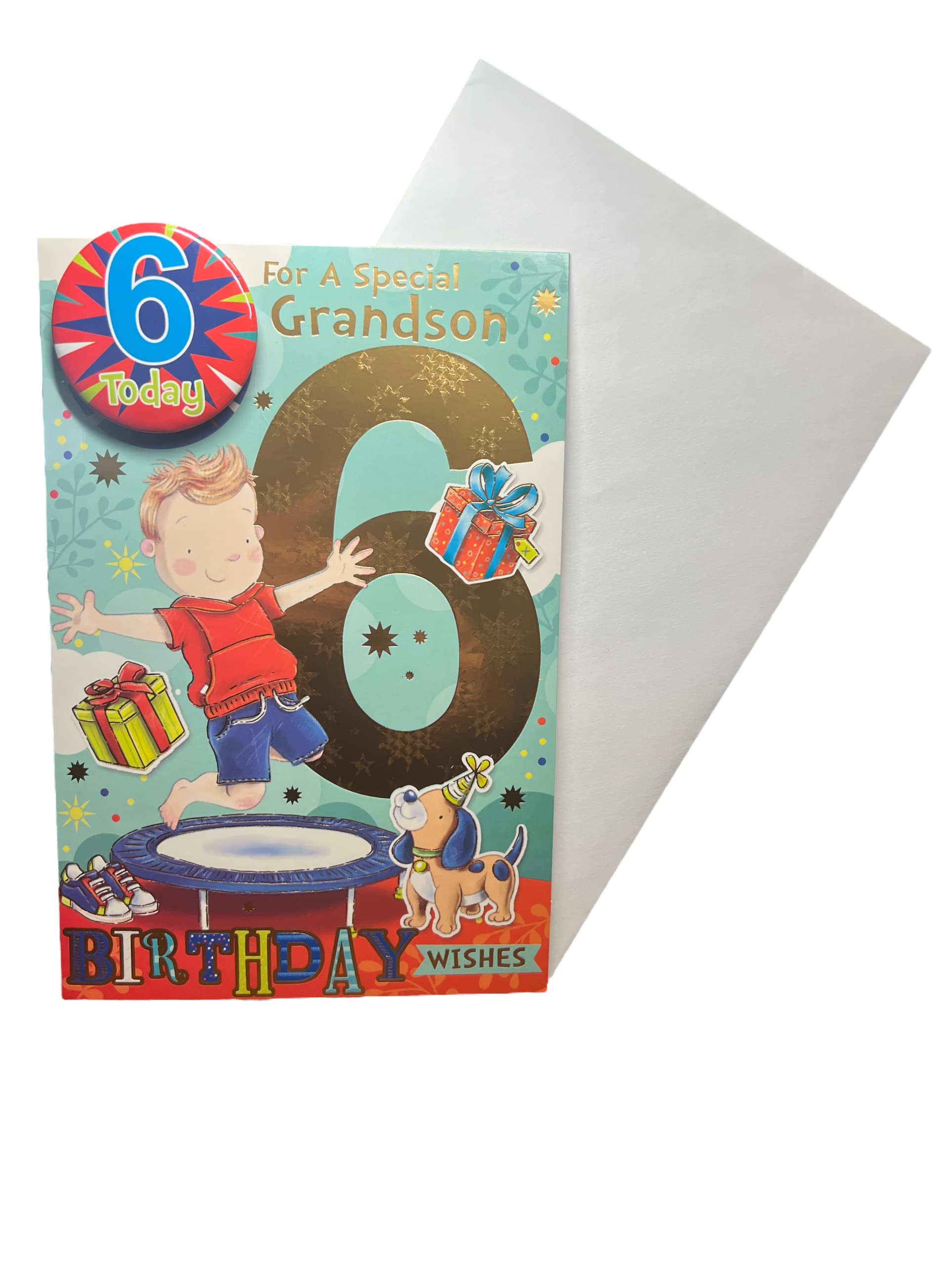 "Express Yourself" Birthday Card for Grandson Age 6 - Includes Badge and Envelope - Animated Boy on Trampoline Design for 6-Years-Old Boy