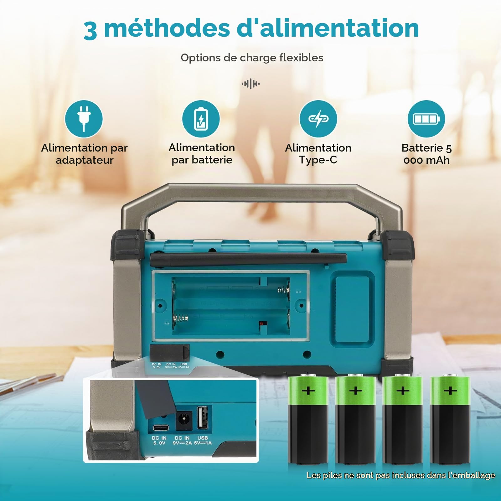 Retekess TR637 Radio de Chantier, Radios Portable | pour Chantier, Poste de Travail, FM/AM, 5000mAh Batterie, Étanche, Résistant aux Chutes, Port USB, Poignée