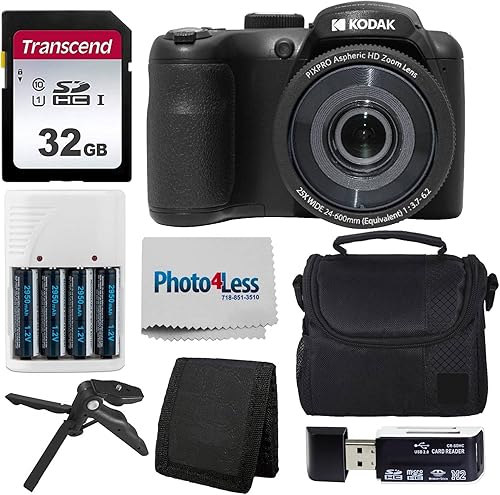Kodak PIXPRO AZ255 - Kit de cámara digital negro funda para cámara de punto y disparo tarjeta de memoria SD de 32 GB baterías recargables y