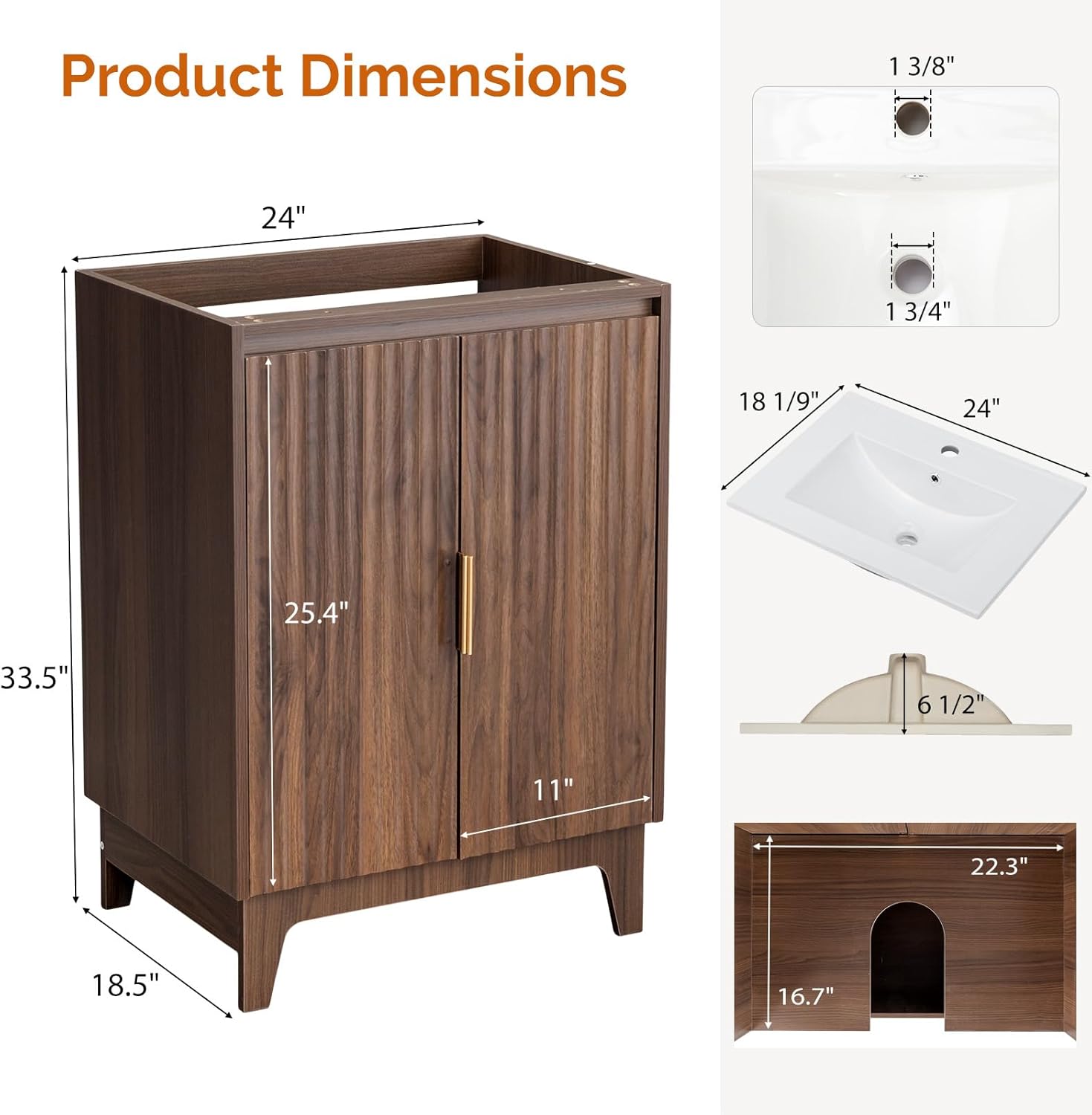 VINGLI 24 Inch Bathroom Vanity with Sink, Mid-Century Modern Vanity with Ceramic Basin and Fluted Soft-Close Doors, U-Shape Storage Shelf,Free Standing Small Bathroom Sink Cabinet Combo Set,Walnut