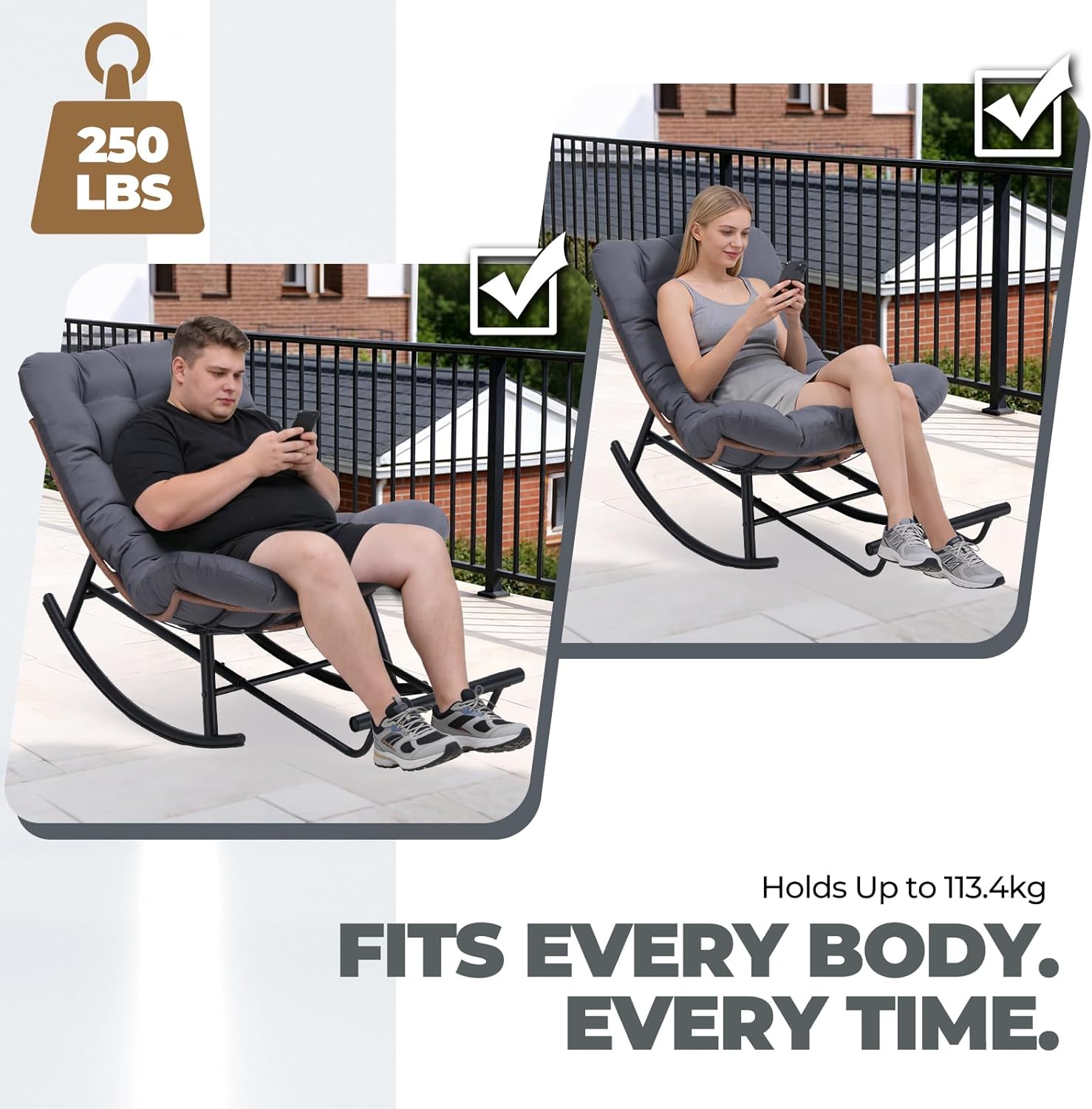 COMHOMA Outdoor Rocking Papasan Chair, Oversized Wicker Patio Rocker, Indoor Comfy Wicker Reading Lounge, Bed-Like Comfort Egg Chair for Bedroom,Balcony, Porch, Garden, Grey