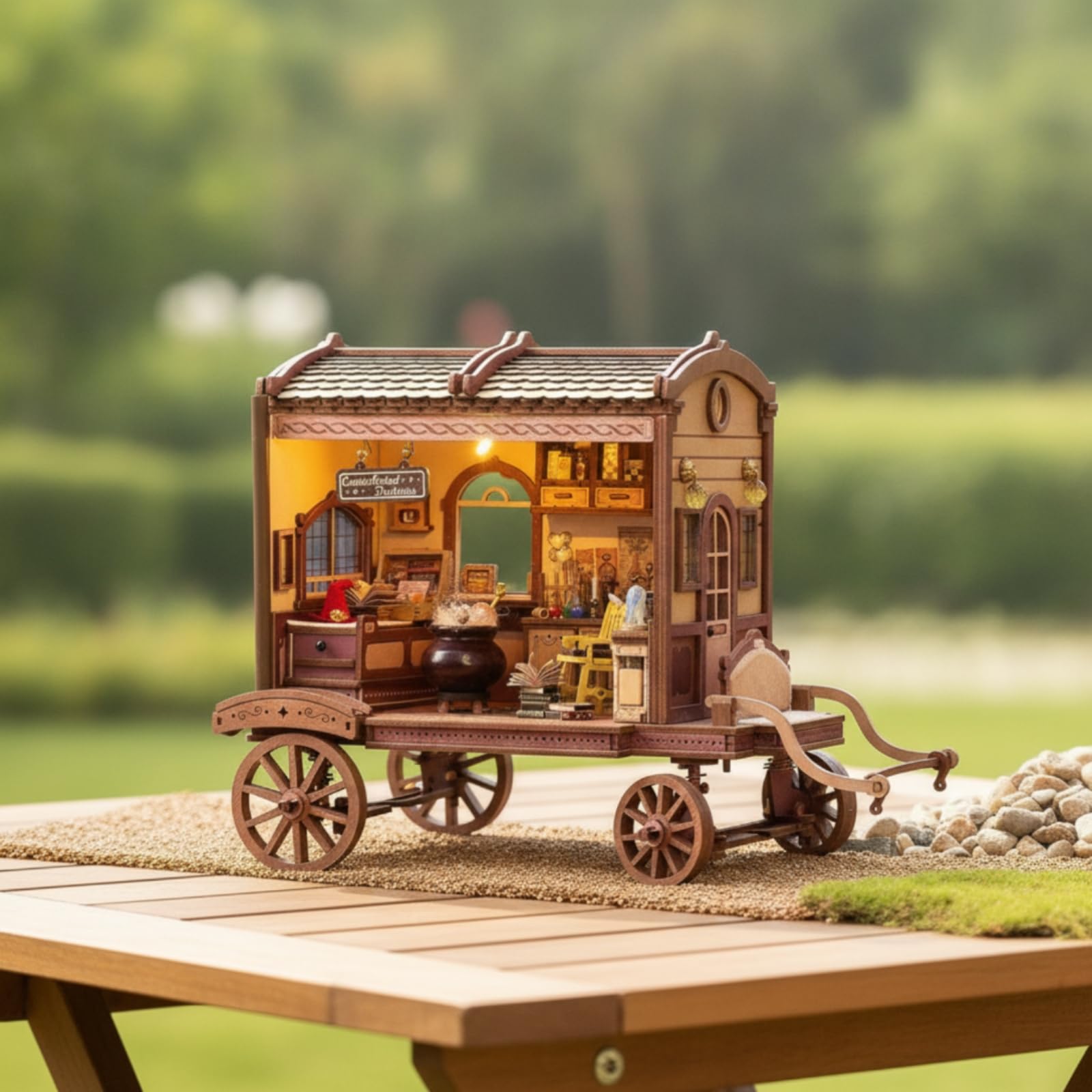 Casa Miniatura in Stile Carrozza con E Interruttore a Sfioramento Kit Fai da Te in Legno E Tessuto LED Integrato Musica Adatta per Mensola Scrivania Decorazione Stanza