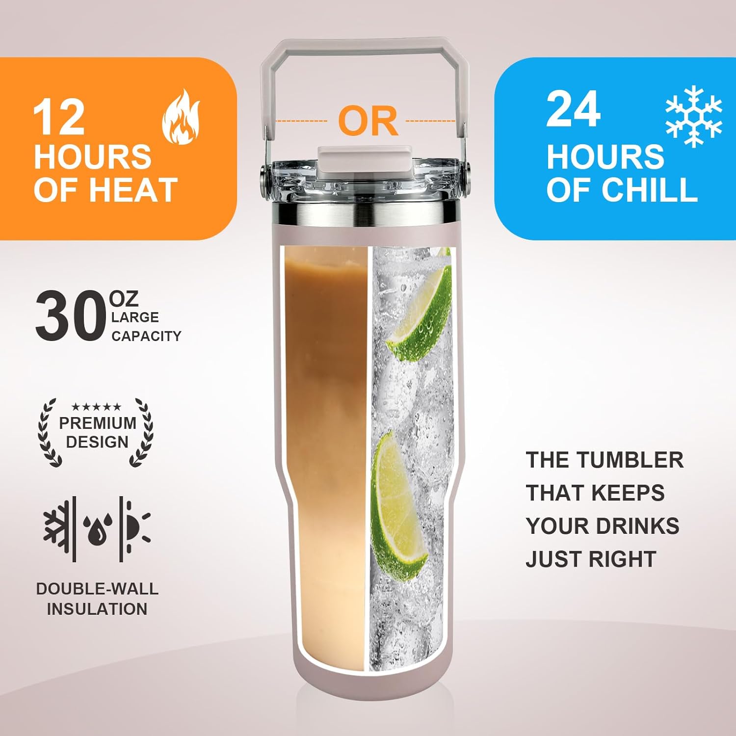 Insulated tumbler with lid and straw,tumbler with handle and flip straw cup traveler 30 oz water bottle mug Vacuum Sealed Cupholder Friendly BPA-Free Leak-Proof (Light Grey) - Image 3