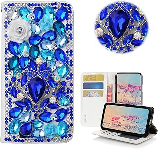 STENES Bling Wallet Phone Case Compatible with Nokia G400 5G Case - Stylish - 3D Handmade Luxury Gemstone Rose Flowers Magnetic Wallet Stand Girls Women Leather Cover - Blue