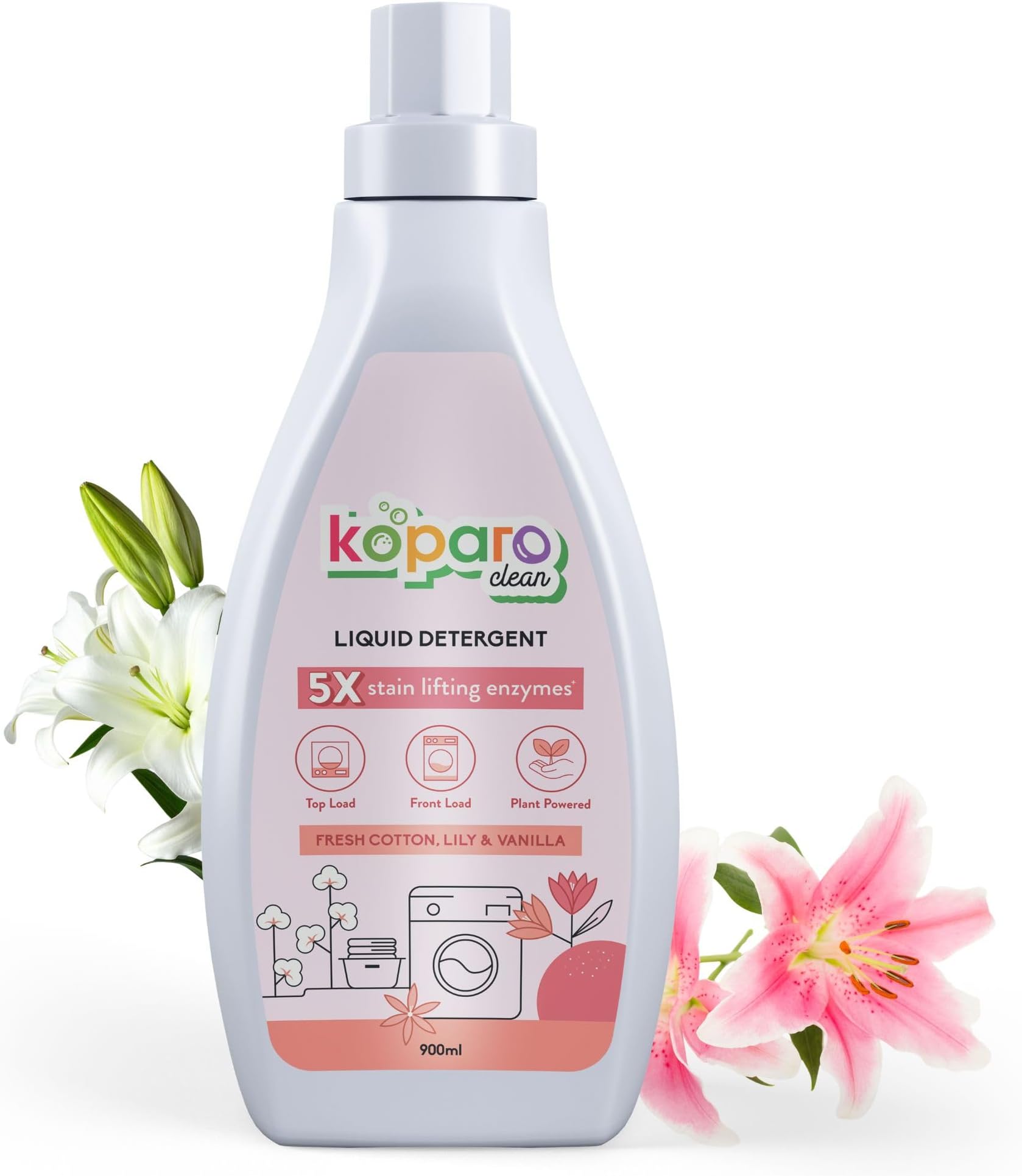 Koparo Liquid Detergent | 900Ml | Top Load & Front Load Washing Machine Liquid Detergent | Organic Bio-Enzymes Laundry Detergent | Tough on Stains, Safe for Kids & Sensitive Skin | Lily & Vanilla
