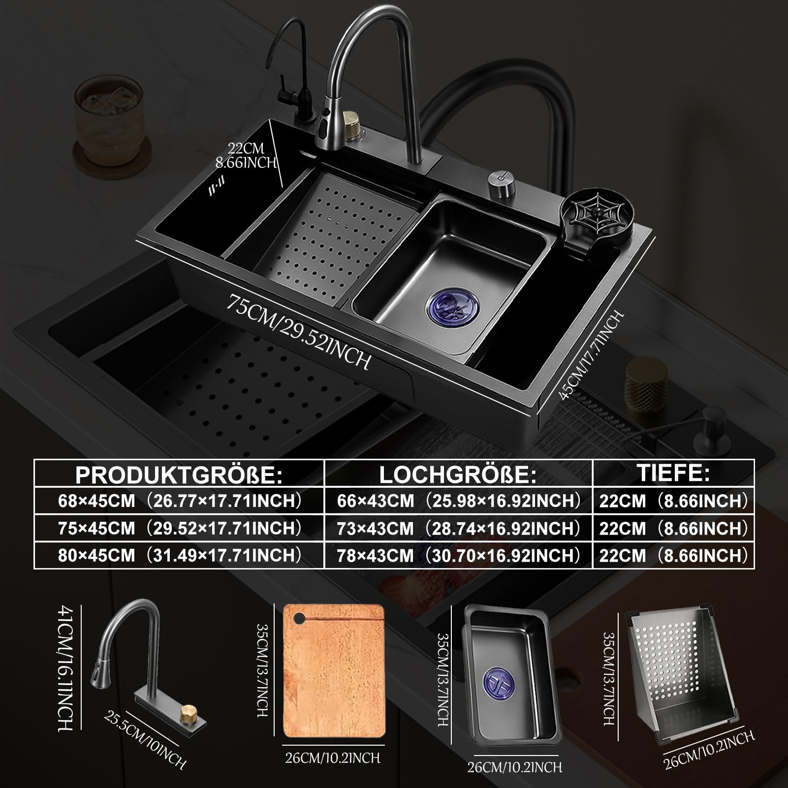 80x45cm Fregadero de cascada negro, fregadero de cocina multifuncional fregadero de acero inoxidable, 1 lavabo fregadero con grifo multifuncional y otros accesorios