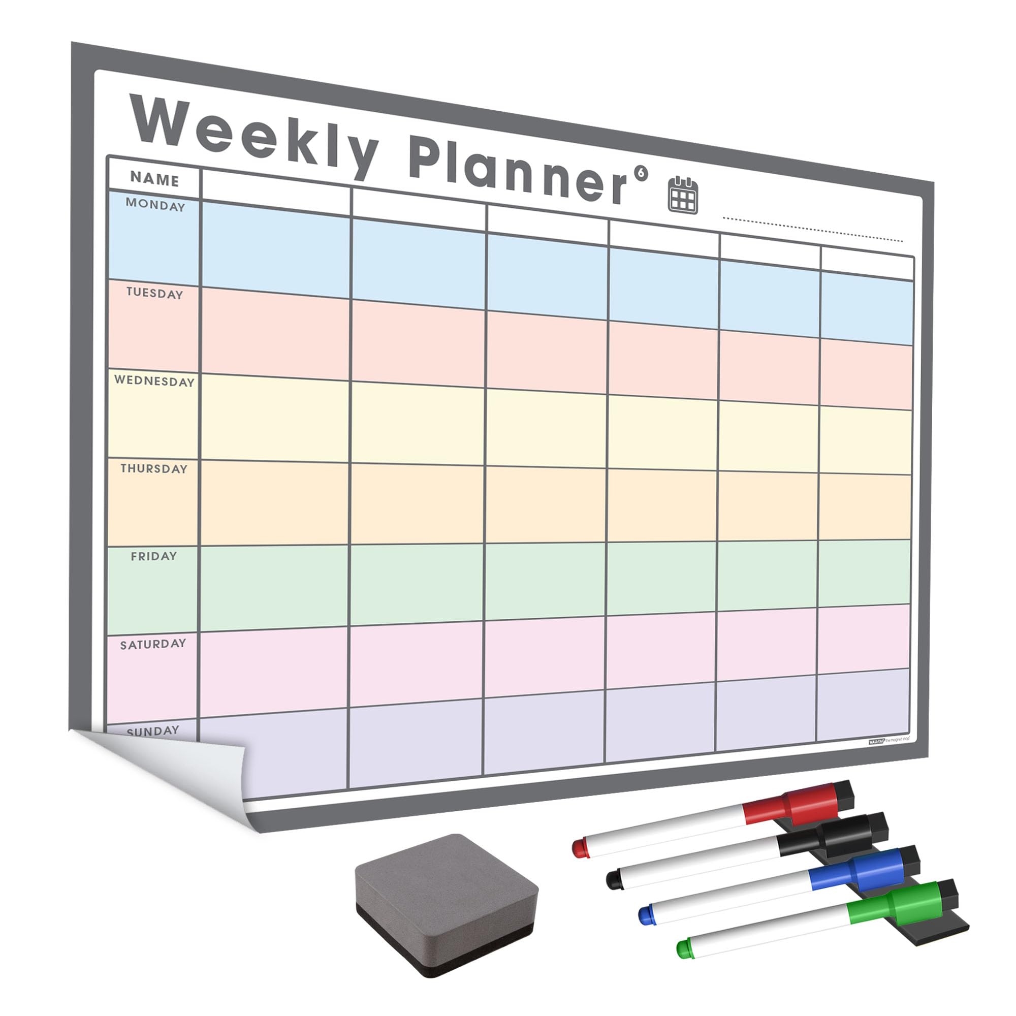 WallTAC A2 Weekly Planner Whiteboard Sticker for Wall | Made in The UK | Easy-to-Remove Dry Wipe Calendar with Reusable Adhesive | Family Meal Planner or to Do List for Home and Office [42 x 60cm]