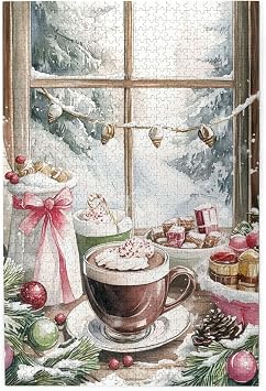 Cozy Christmas Window Treats Wooden Puzzles for Adults 1000 Pieces, Hot Chocolate & Coffee Mug with Cookies, Snowy Mountain View & Holly Decor, for Food Lovers