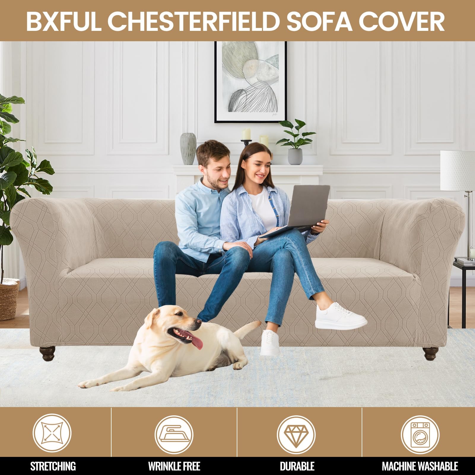 Copridivano Chesterfield Elasticizzato 1 2 3 Posti, Fodere Copridivano con Braccioli per Il Soggiorno, 1 Pezzo Copridivani Universale, Copri Divani Antiscivolo per Animali (Cachi,3 Posti)