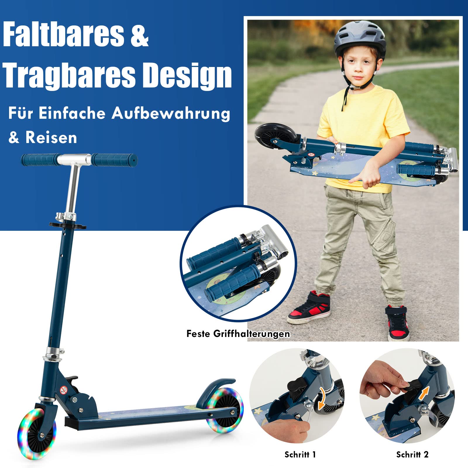 GOPLUS Roller Kinder 3 Jahre, 3-Stufig höhenverstellbarer Kinderroller, Kinder Scooter mit LED Rädern & Hinterradbremse, klappbarer Kickscooter mit/ohne Tragegurt & Ständer, Leichter Aluminium-Roller