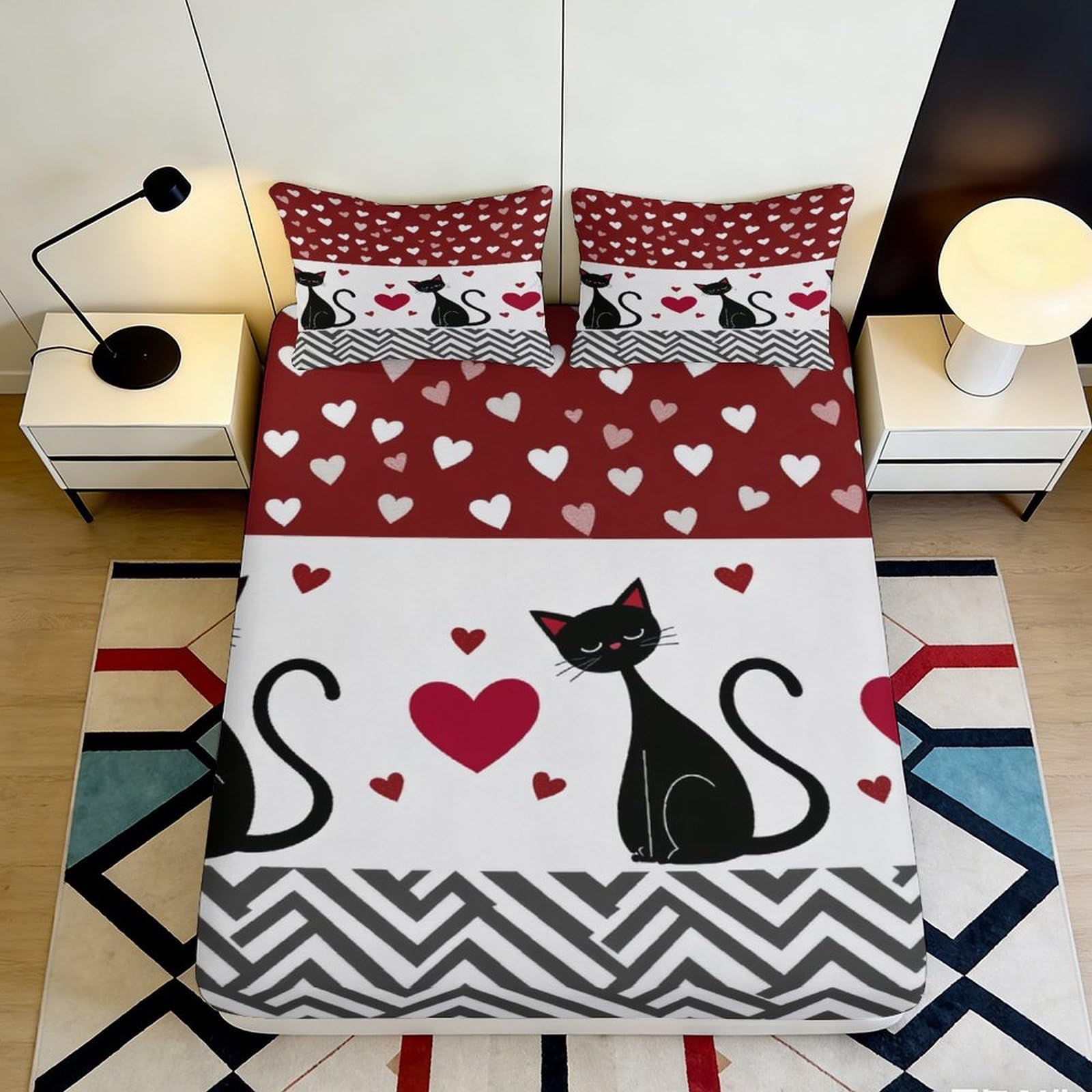 Qjzxknhpgr Style-9 3D Printed Black Cat Heart Fitted Sheet Microfiber Red White Bed Cover Anti-Slip Machine Washable Bedroom Decor 90X200x25cm