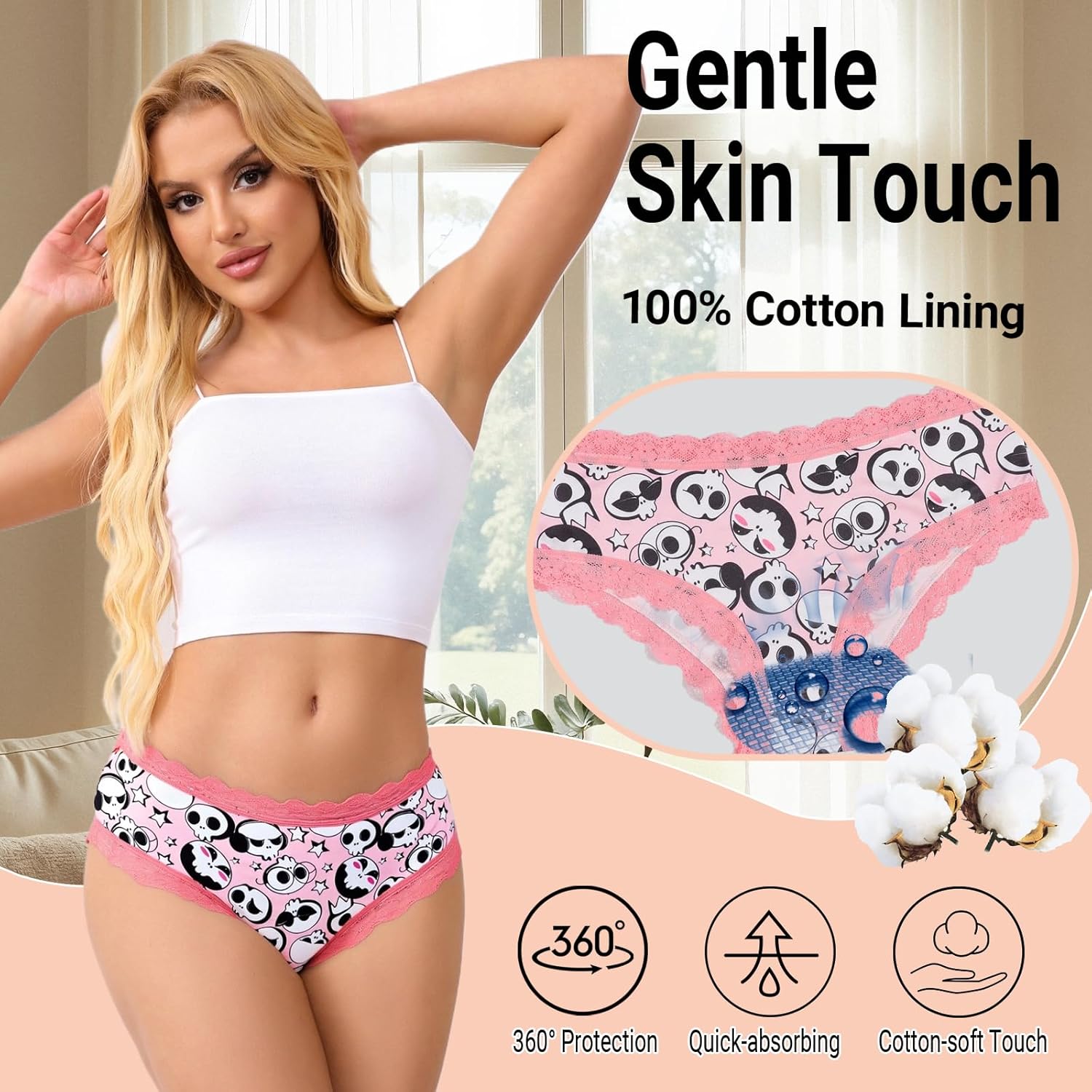 Women's Gothic Lace Hipster Panties 5~6Pack:Skull Rose Halloween Print,Pink Low Rise Bikini Soft Comfy Sexy Underwear - Image 5