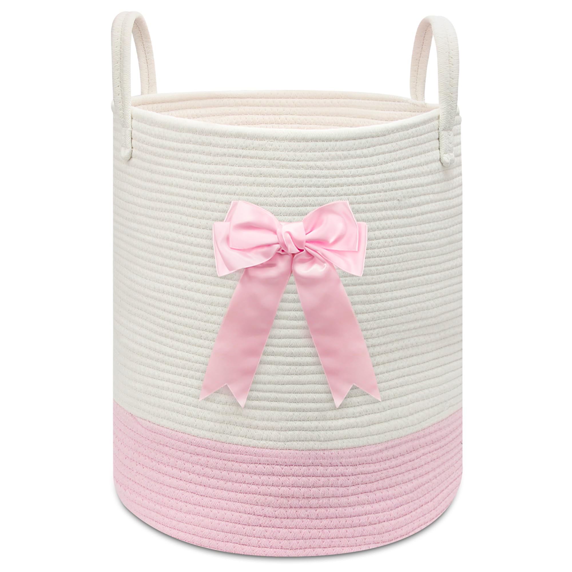 Goodheim Pink Laundry Basket with Bow, Woven Rope Toy Storage Basket for Kids, Baby Clothes Hamper, Nursery & Bathroom Blankets Organiser Decor