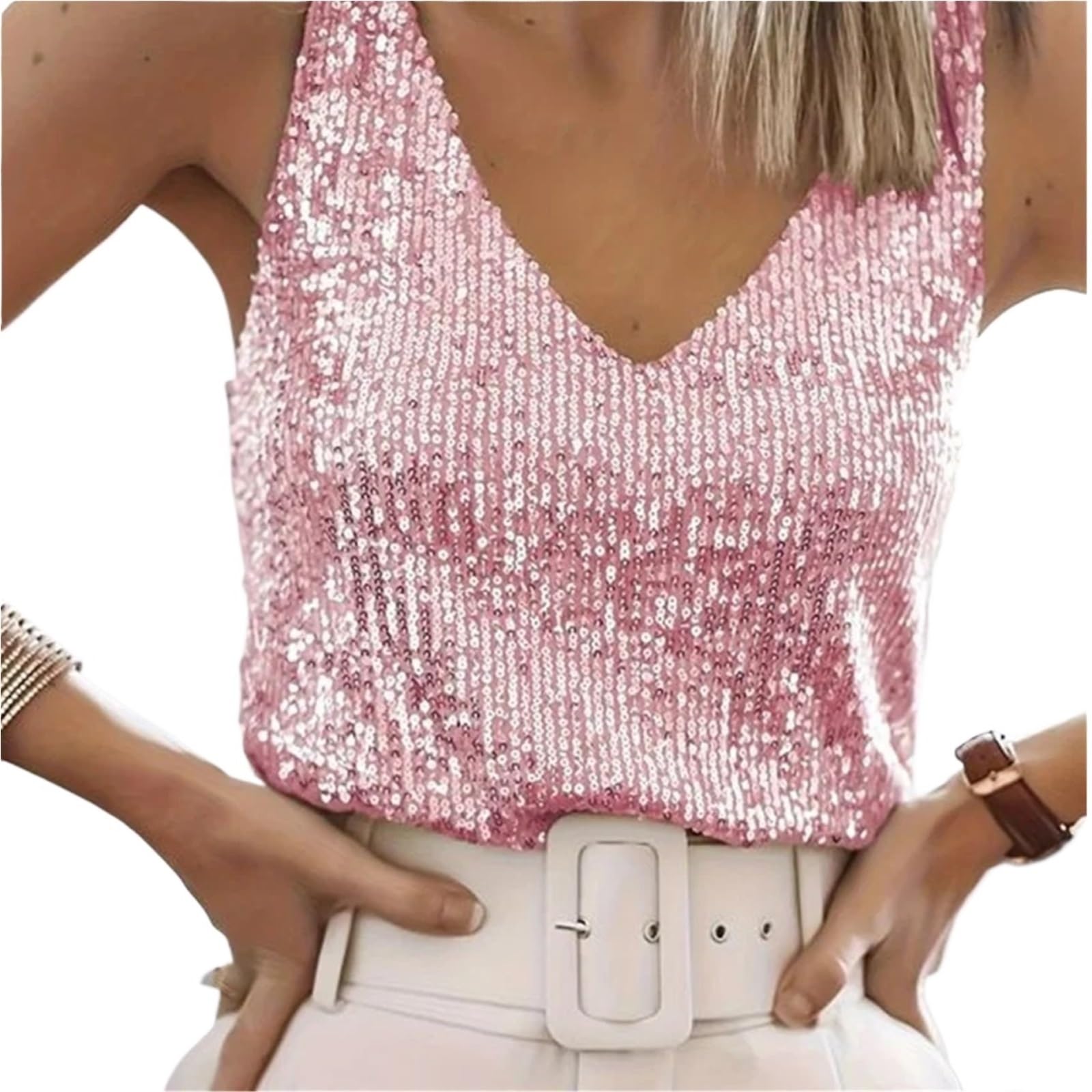 Top con Paillettes Gilet Sexy con Scollo a V e Paillettes, da Donna, Estivo, Leggero e maturo