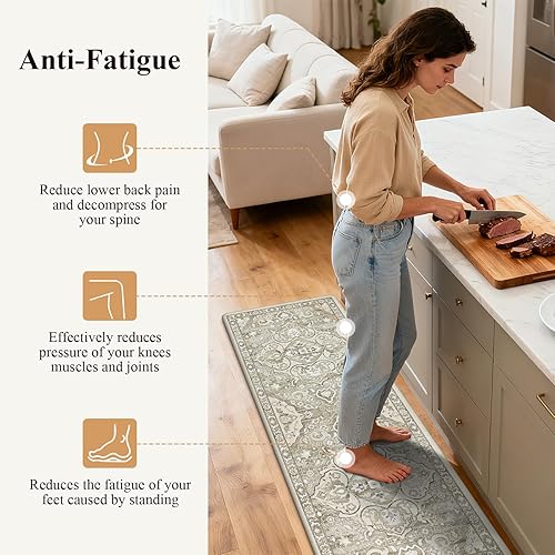 Miniatura 3 de Ileading Juego de 2 tapetes de cocina antifatiga, acolchados para piso, impermeables, antideslizantes, cómodos para cocina, oficina, fregadero,