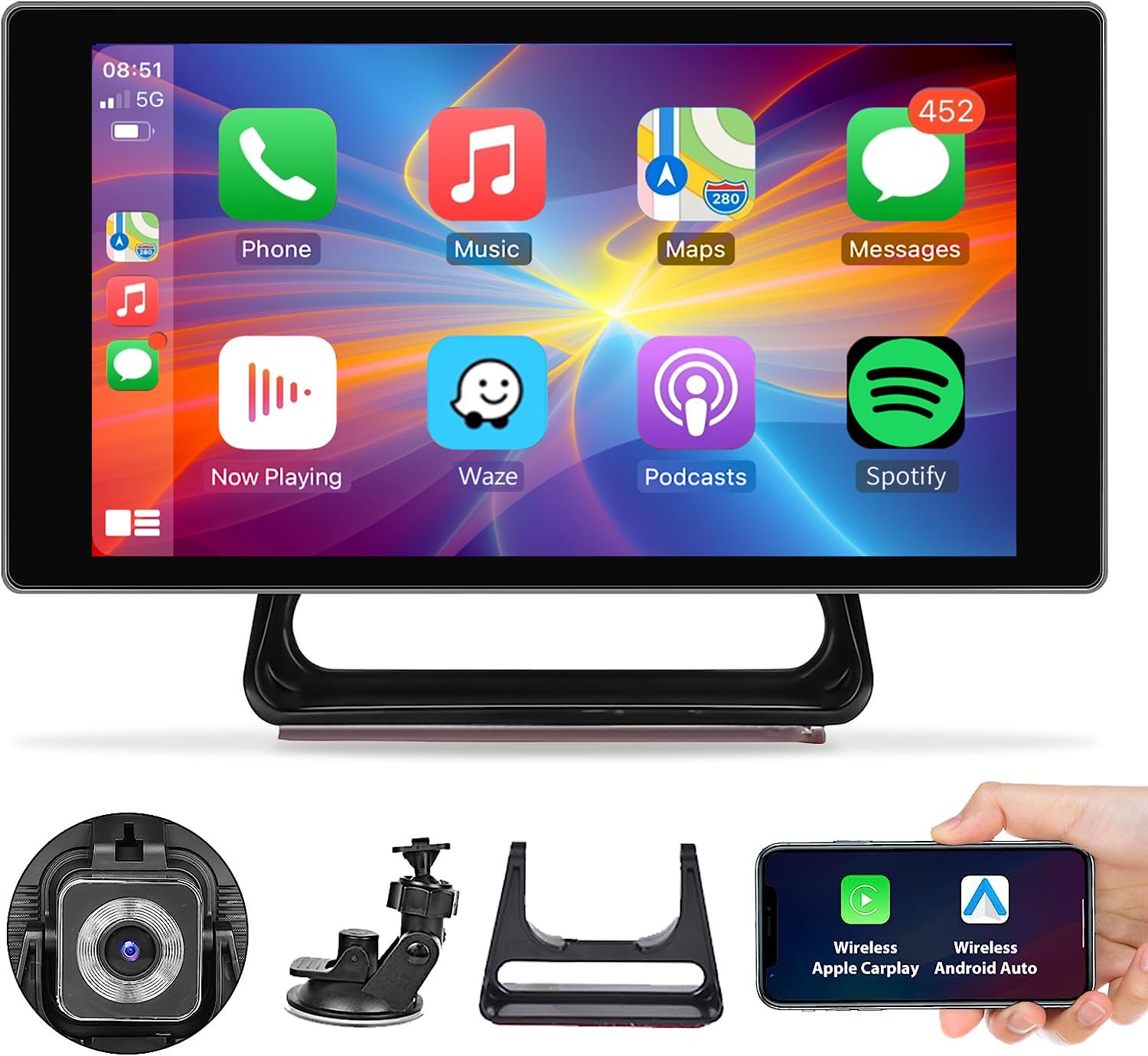 Rimoody Wireless Carplay Portable Car Radio with 4K Dash Cam Wireless Android Auto Screen 5 Inch Touch Screen Portable Car Stereo Bluetooth, FM Transmitter, Voice Control, AUX-in, GPS Car Play Screen