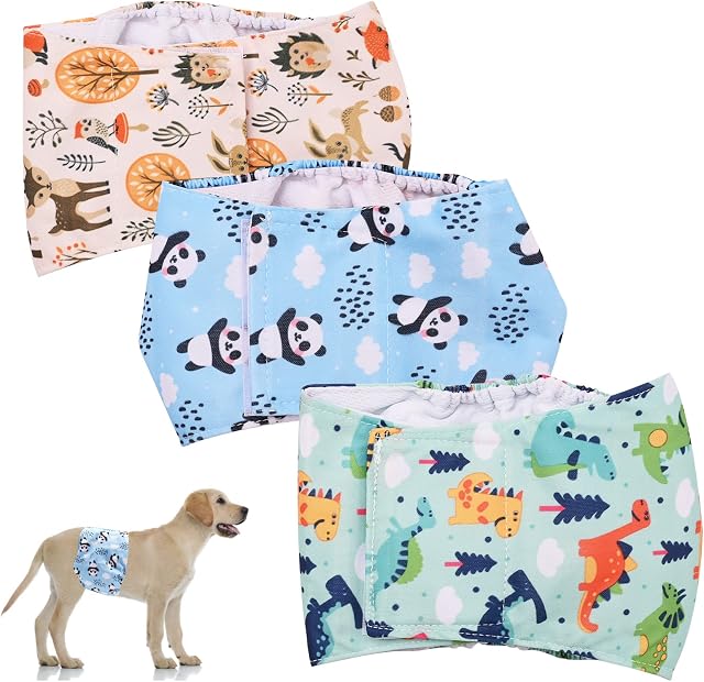 Reusable Dog Nappies,3 Packs Male Dog Diaper Washable Male Dog Wraps Adjustable Protective Trousers Belly Band for Male Dogs Doggie Diapers Pants for Pet Dogs (M)