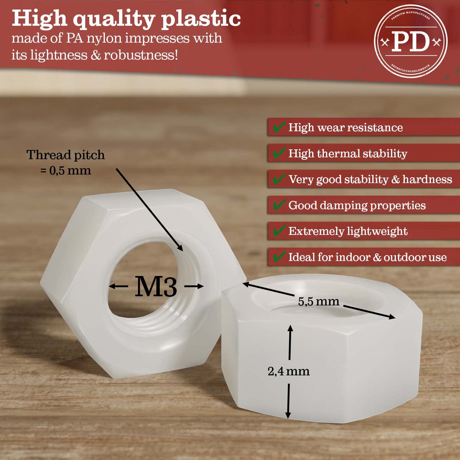 Dadi plastica M3 (DIN 555 / ISO 4034) | Dadi esagonali in nylon PA | Dado plastica con scanalatura esagonale per viti, bulloni filettati e aste filettate | 50 pezzi