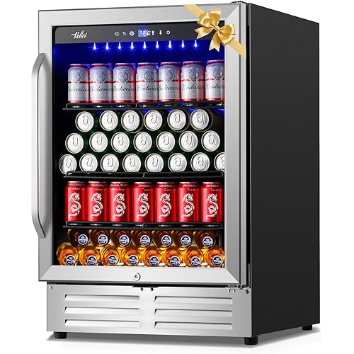 24 Inch Beverage Refrigerator Cooler,210 Cans Wide Beverage and Beer Fridge with Glass Door and Powerful Cooling Compressor, Built-in/Freestanding Drink Fridge for Kitchen, Bar or Office